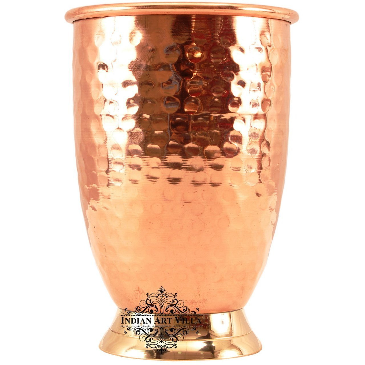 IndianArtVilla Copper Hammered Design Glass Tumbler with Brass Bottom 14 Oz