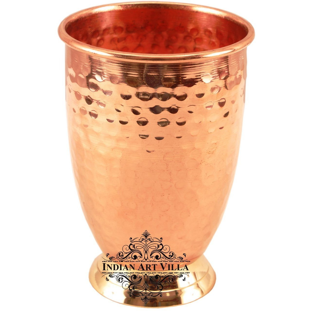 IndianArtVilla Copper Hammered Design Glass Tumbler with Brass Bottom 14 Oz