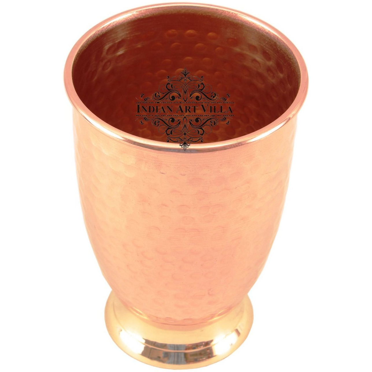 IndianArtVilla Copper Hammered Design Glass Tumbler with Brass Bottom 14 Oz