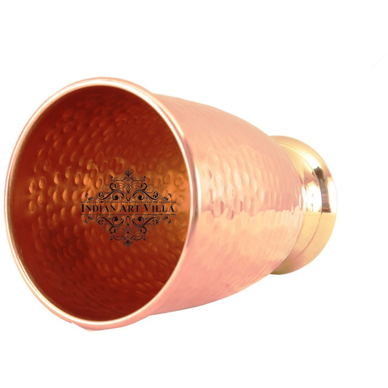 IndianArtVilla Copper Hammered Design Glass Tumbler with Brass Bottom 14 Oz