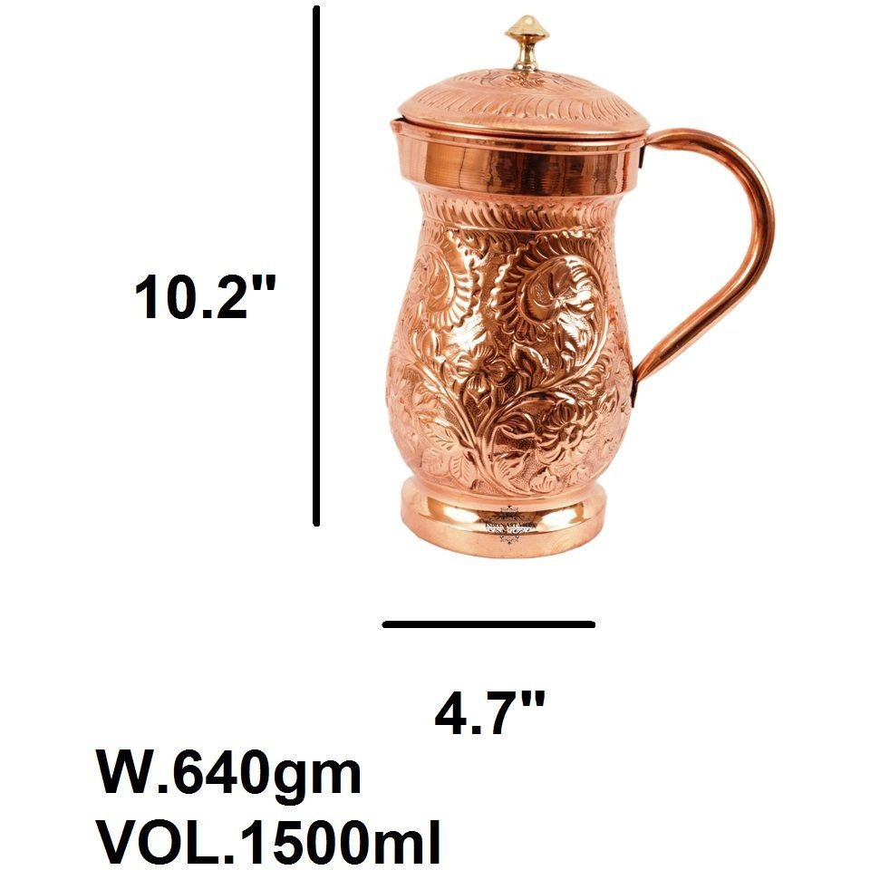 IndianArtVilla Pure Copper Designer Jug Pitcher with Lid 50 Oz