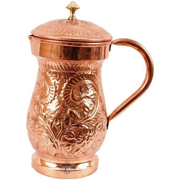 IndianArtVilla Pure Copper Designer Jug Pitcher with Lid 50 Oz