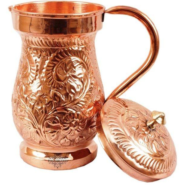 IndianArtVilla Pure Copper Designer Jug Pitcher with Lid 50 Oz