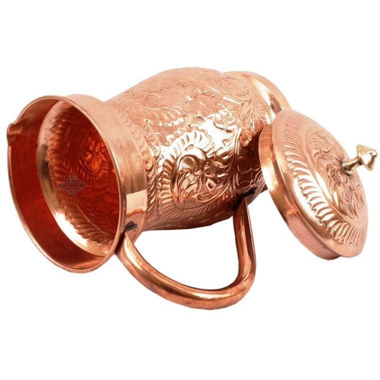 IndianArtVilla Pure Copper Designer Jug Pitcher with Lid 50 Oz