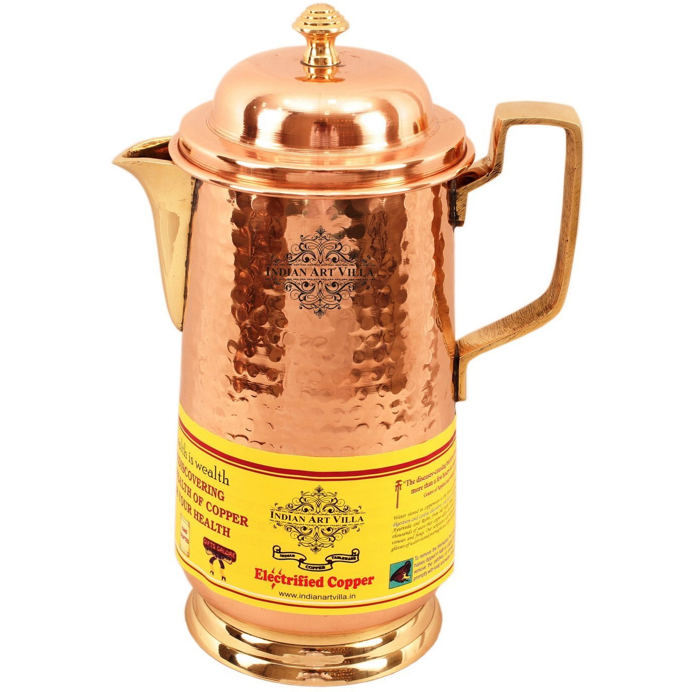 IndianArtVilla Pure Copper Hammered Design Jug Pitcher with Brass Handle