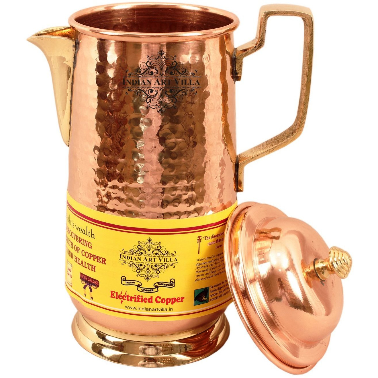 IndianArtVilla Pure Copper Hammered Design Jug Pitcher with Brass Handle