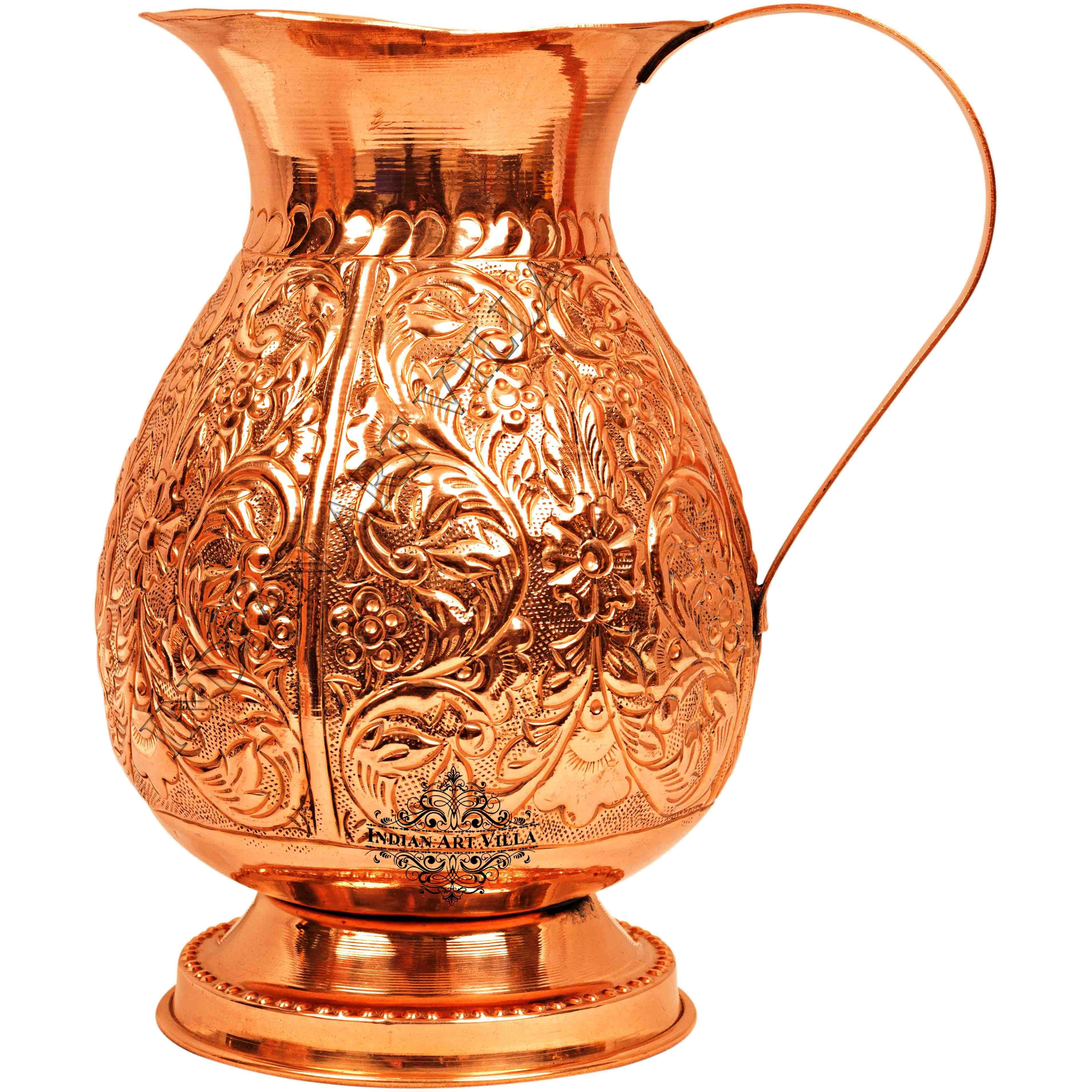IndianArtVilla Copper Big Royal Leaf Design Jug Pitcher 60 Oz