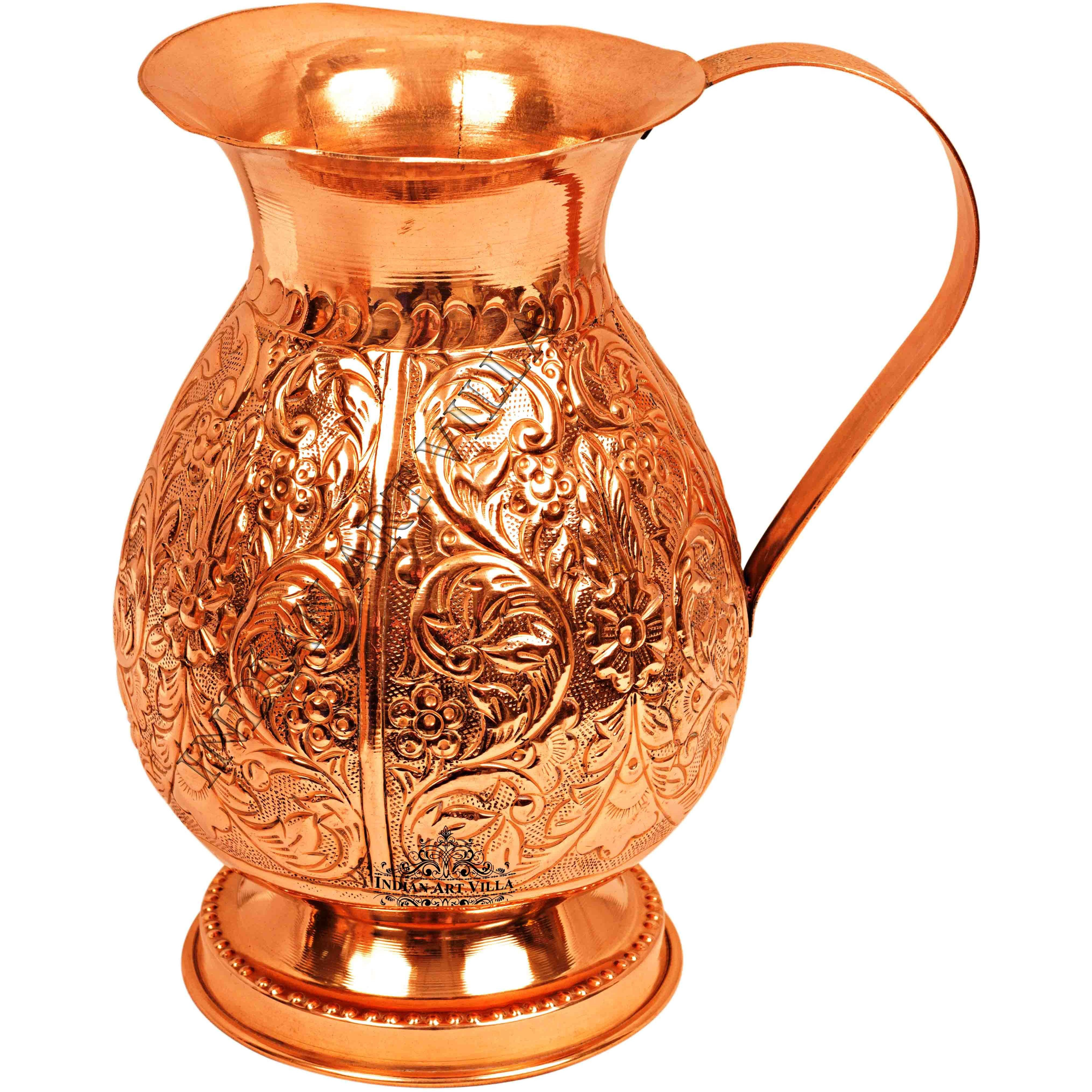 IndianArtVilla Copper Big Royal Leaf Design Jug Pitcher 60 Oz