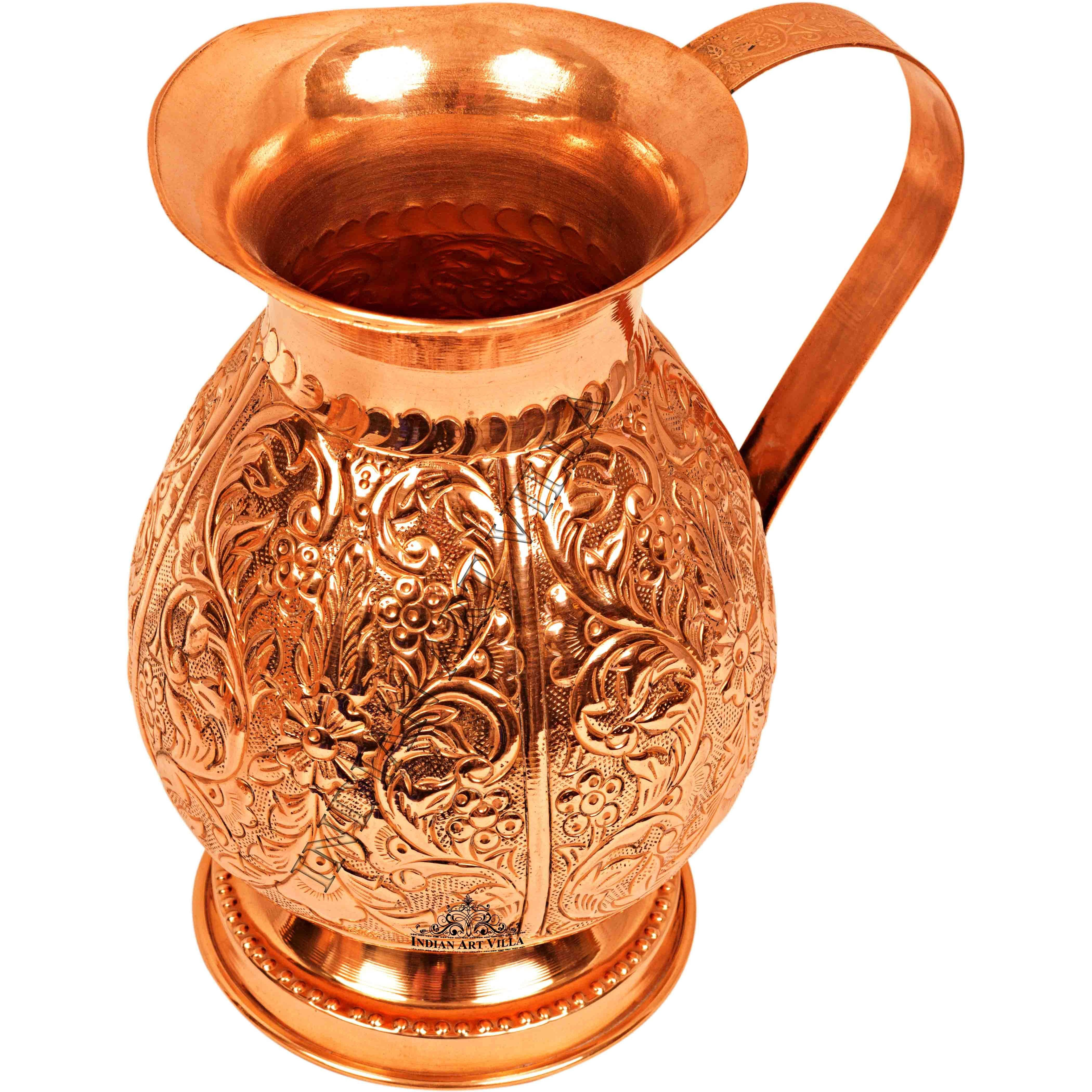 IndianArtVilla Copper Big Royal Leaf Design Jug Pitcher 60 Oz