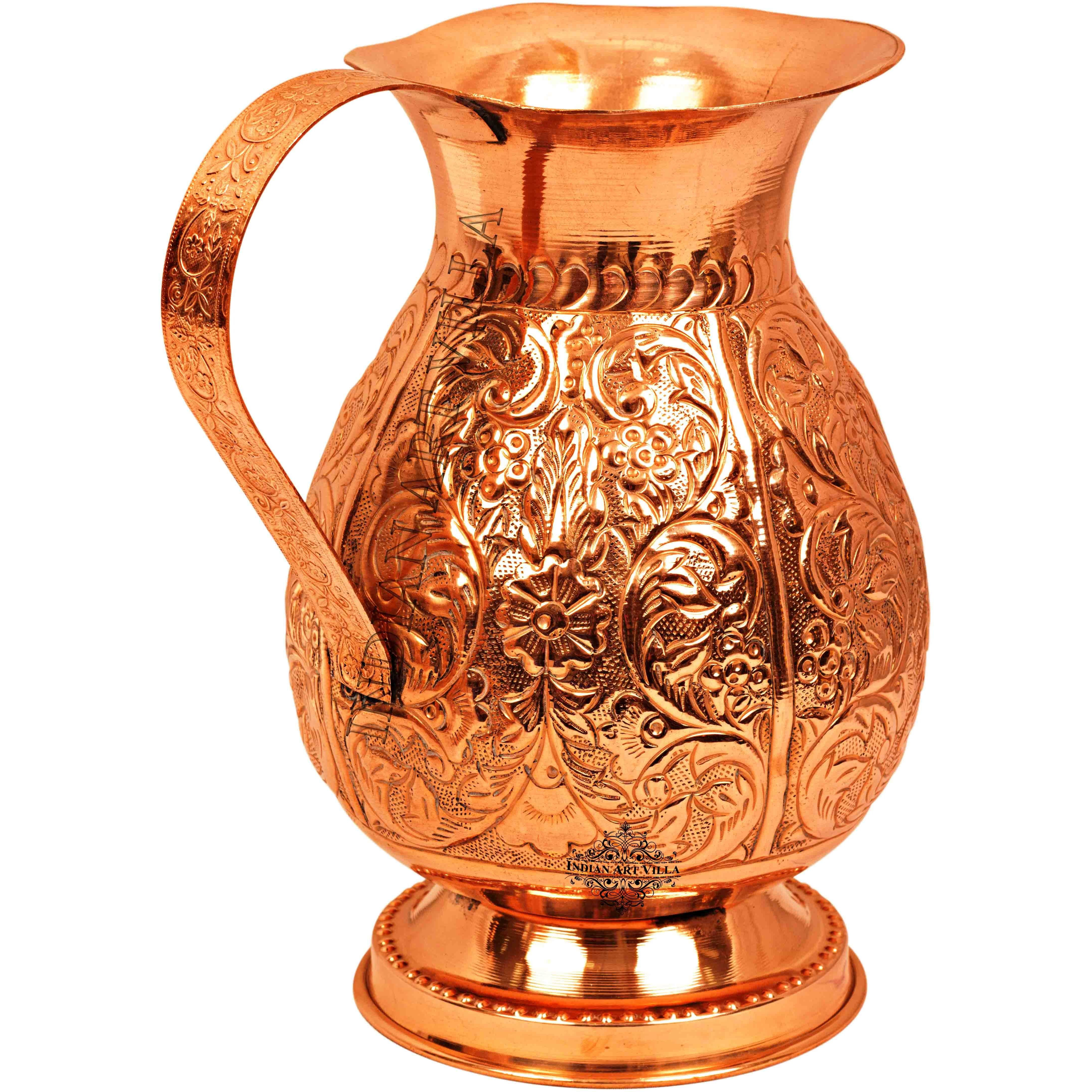 IndianArtVilla Copper Big Royal Leaf Design Jug Pitcher 60 Oz