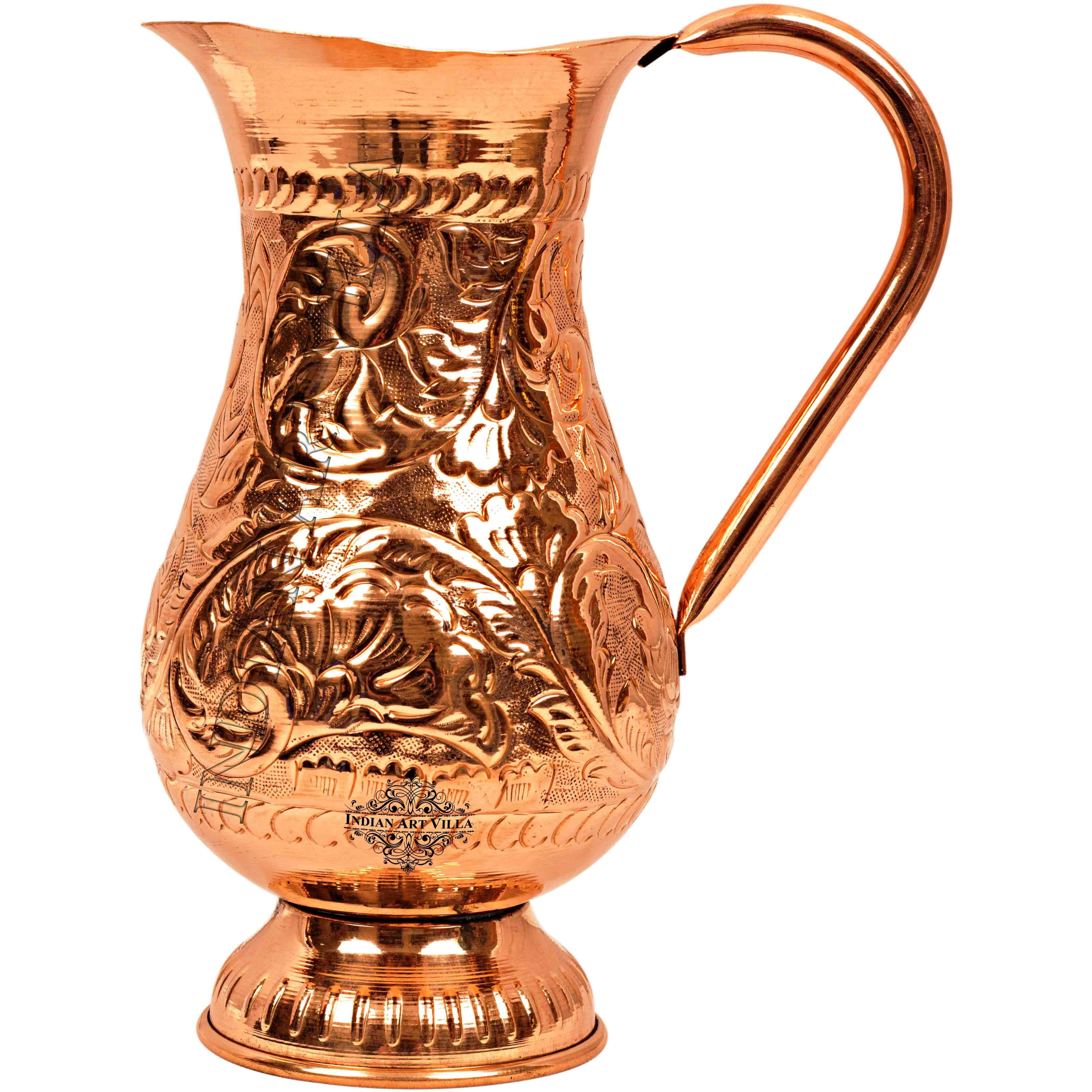 IndianArtVilla Copper Flower Design Jug Pitcher with Bottom 15 Oz