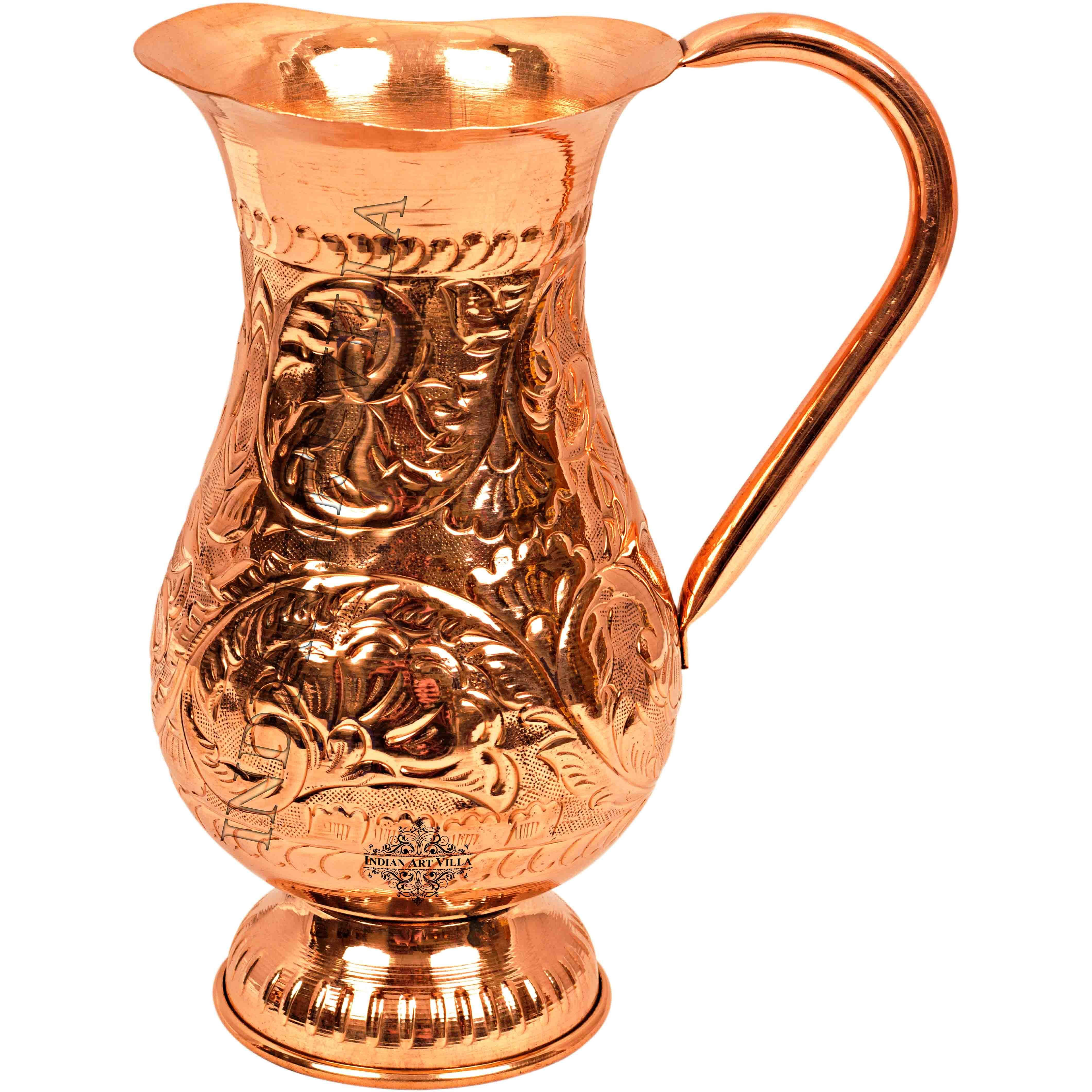 IndianArtVilla Copper Flower Design Jug Pitcher with Bottom 15 Oz