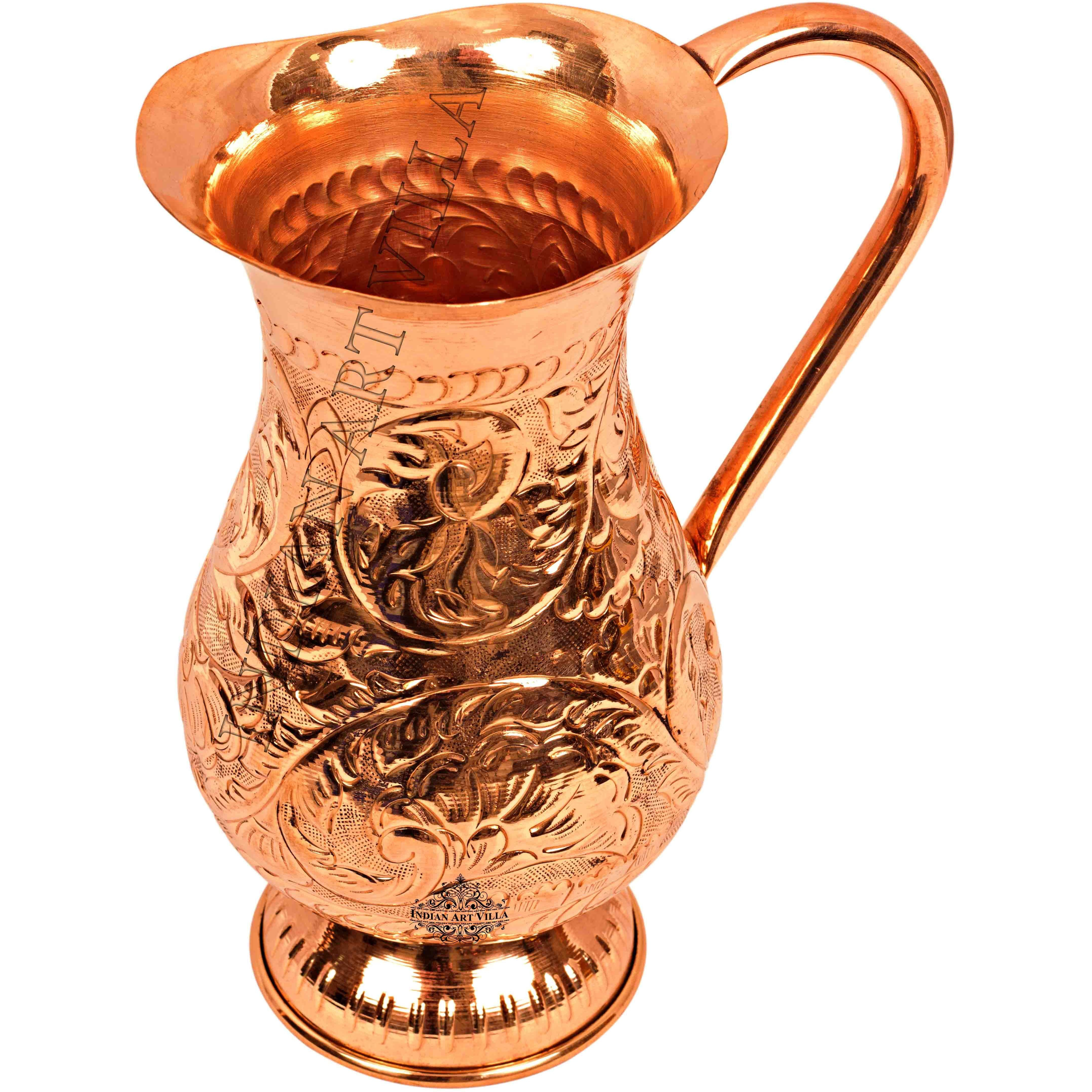 IndianArtVilla Copper Flower Design Jug Pitcher with Bottom 15 Oz