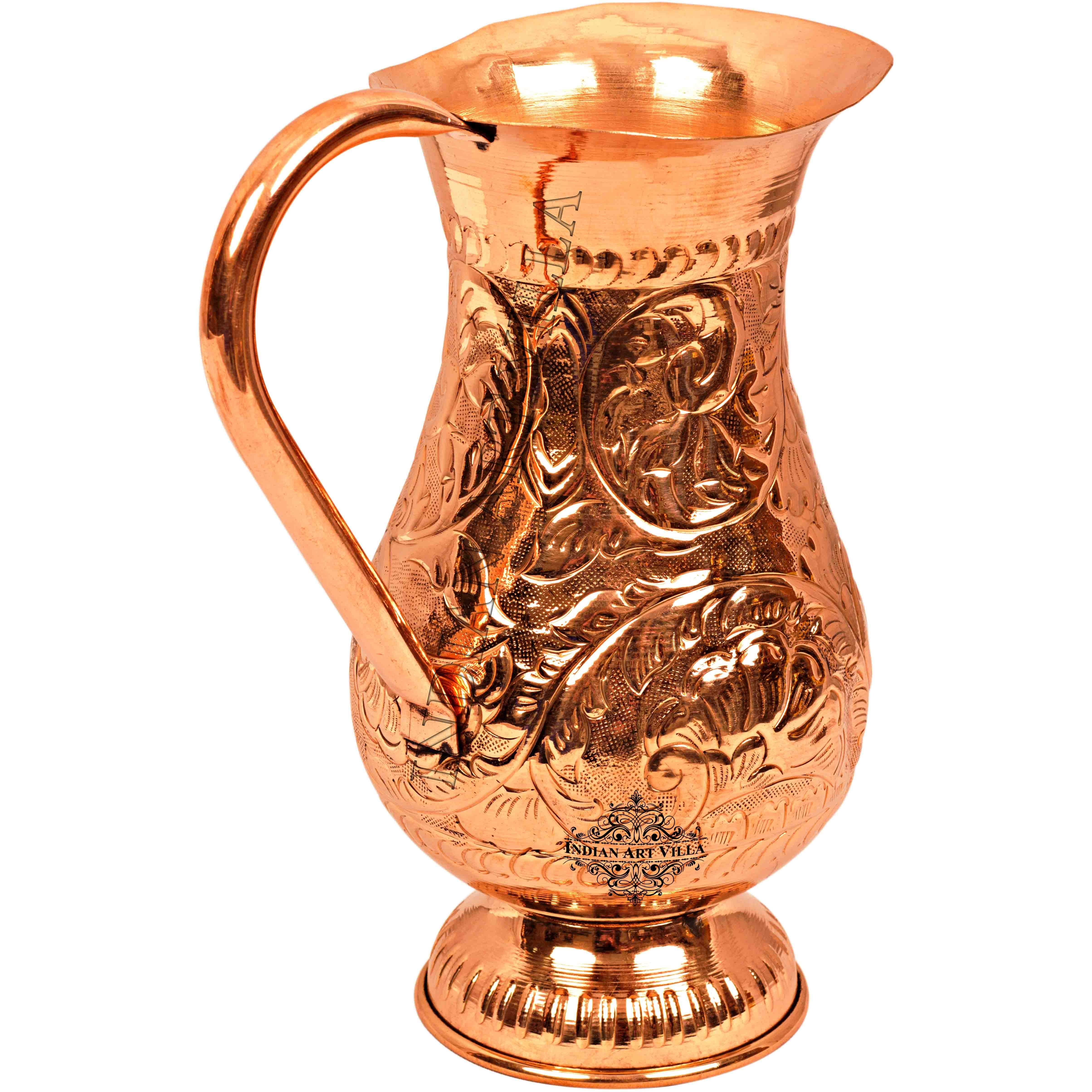 IndianArtVilla Copper Flower Design Jug Pitcher with Bottom 15 Oz