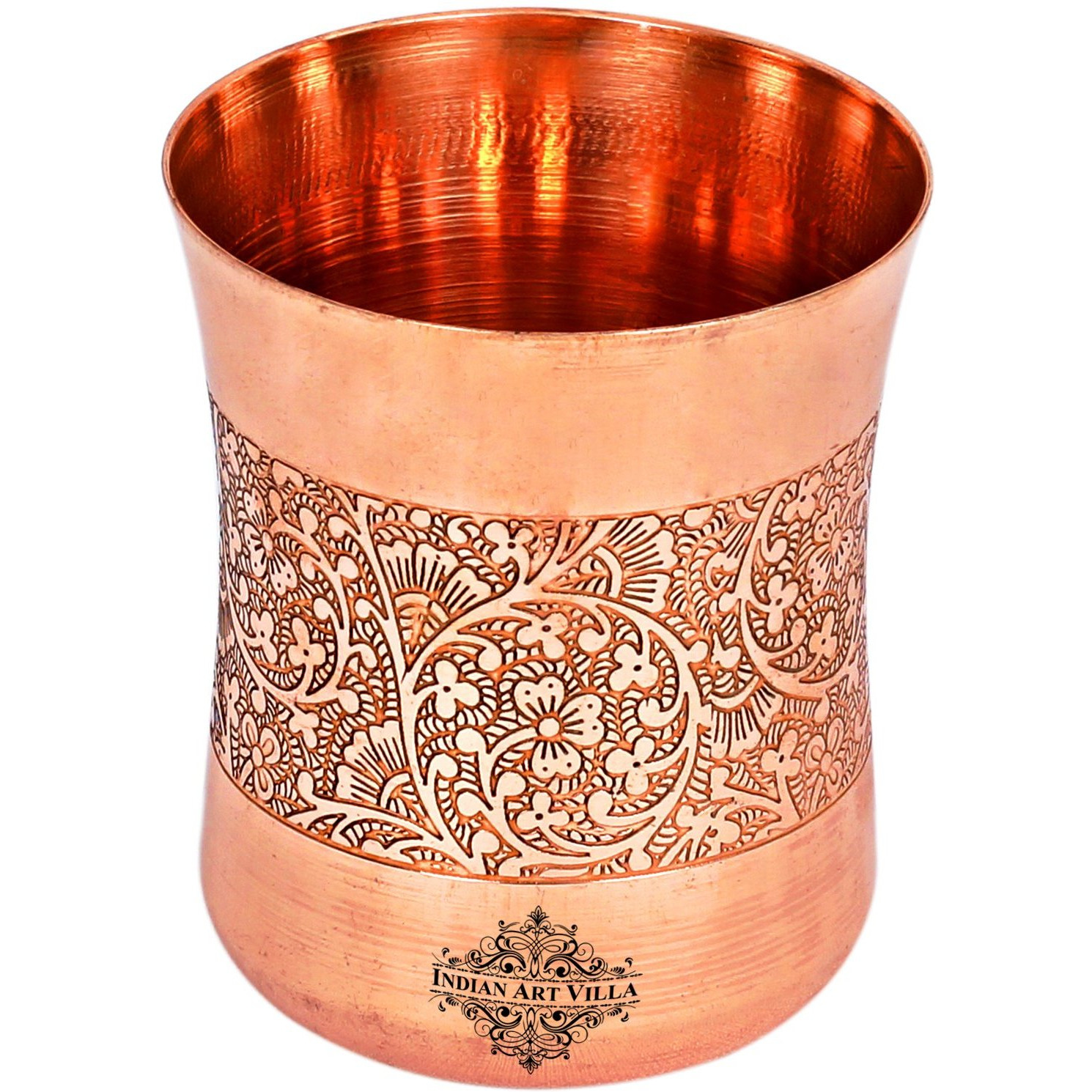 IndianArtvilla Copper Curved Embossed Design Glass Tumbler 10 Oz