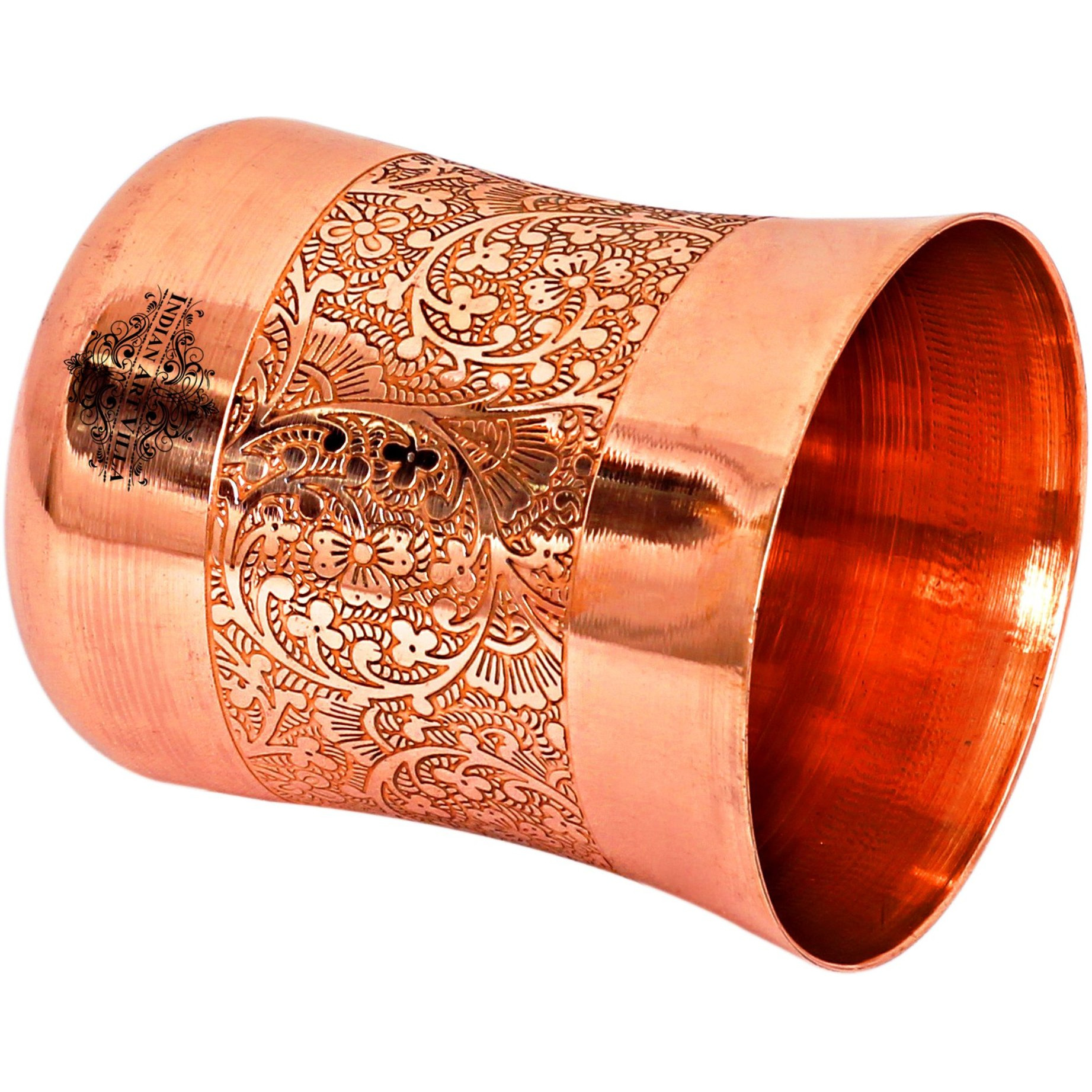 IndianArtvilla Copper Curved Embossed Design Glass Tumbler 10 Oz