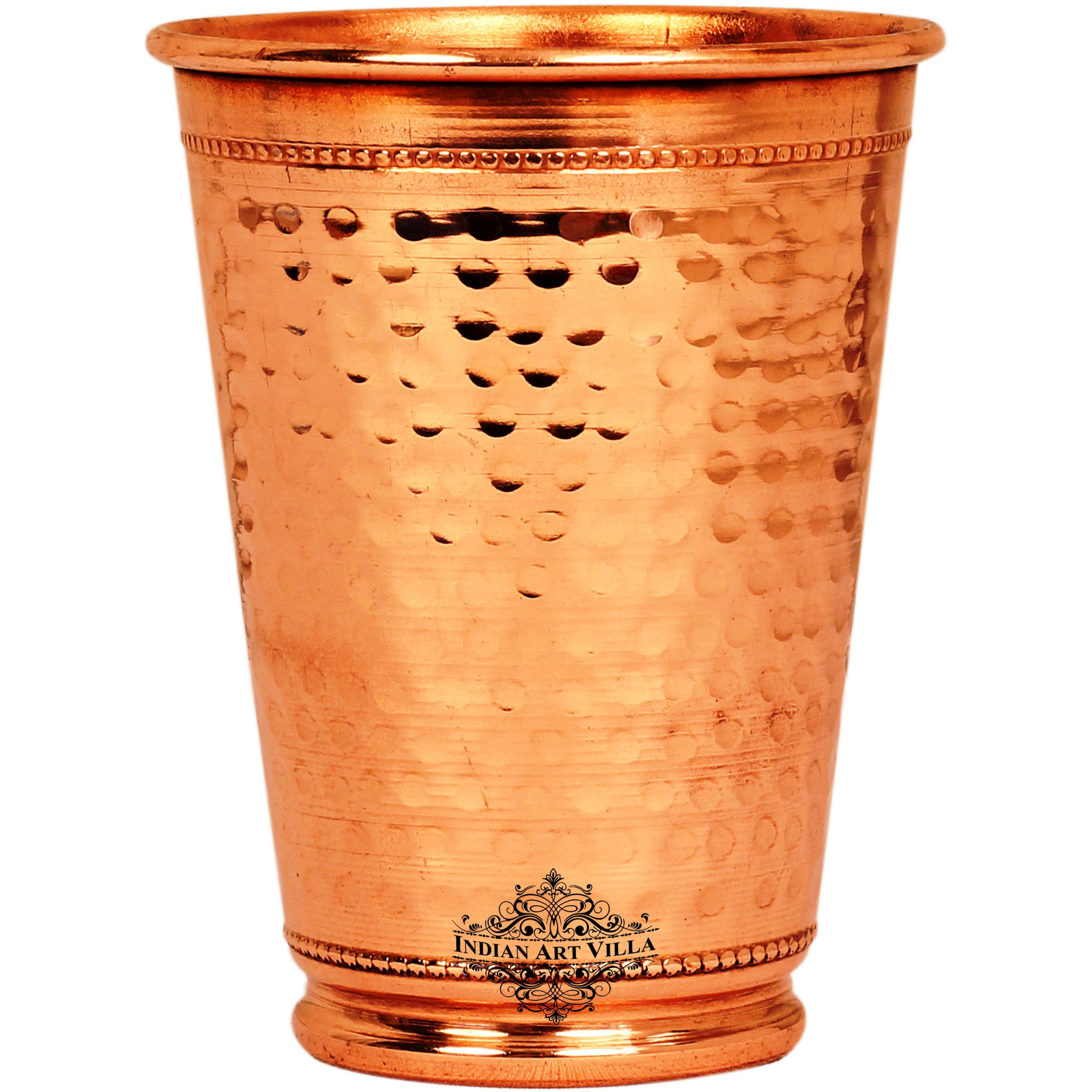 IndianArtVilla Copper Hammered Design Glass Tumbler with 2 Rings 13 Oz