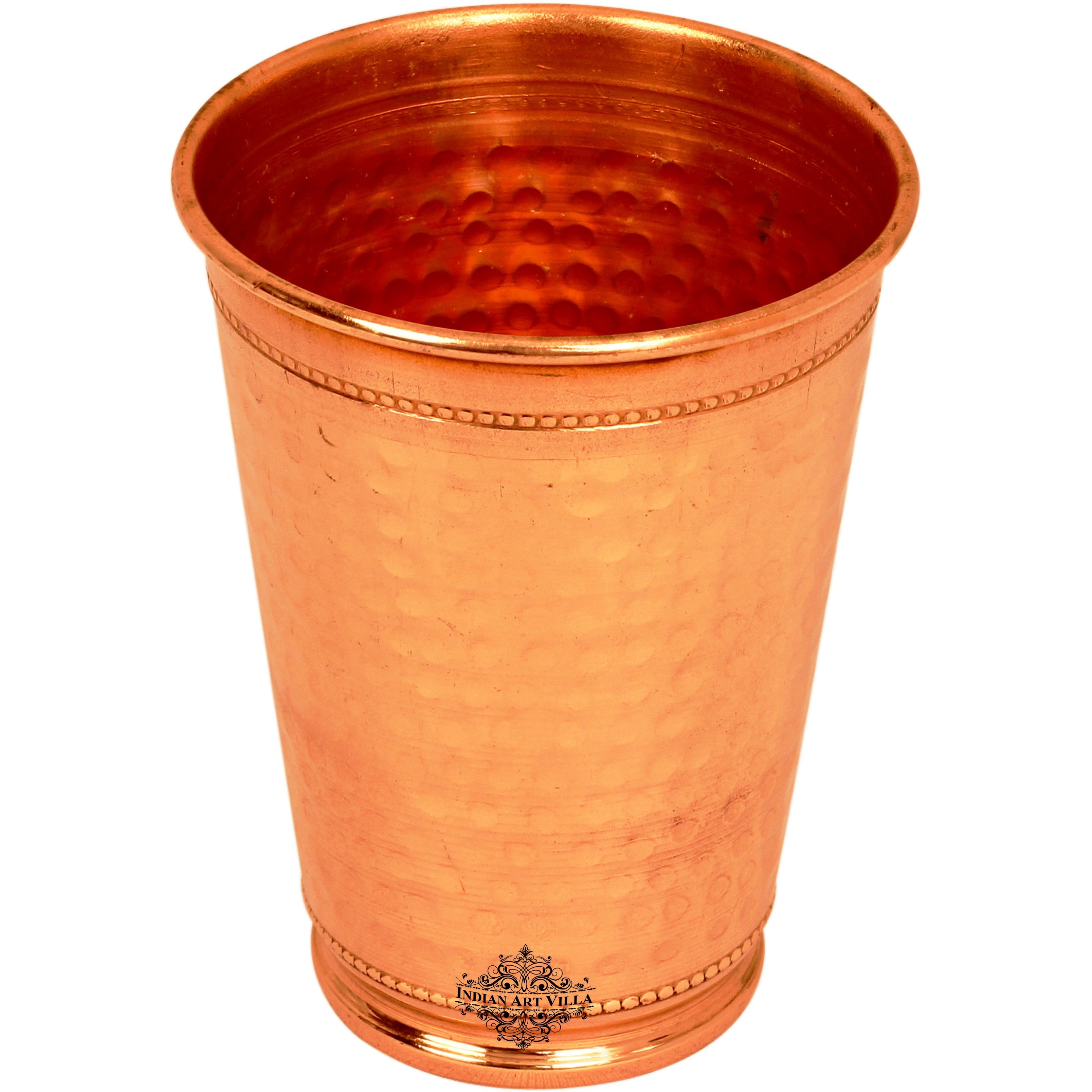 IndianArtVilla Copper Hammered Design Glass Tumbler with 2 Rings 13 Oz