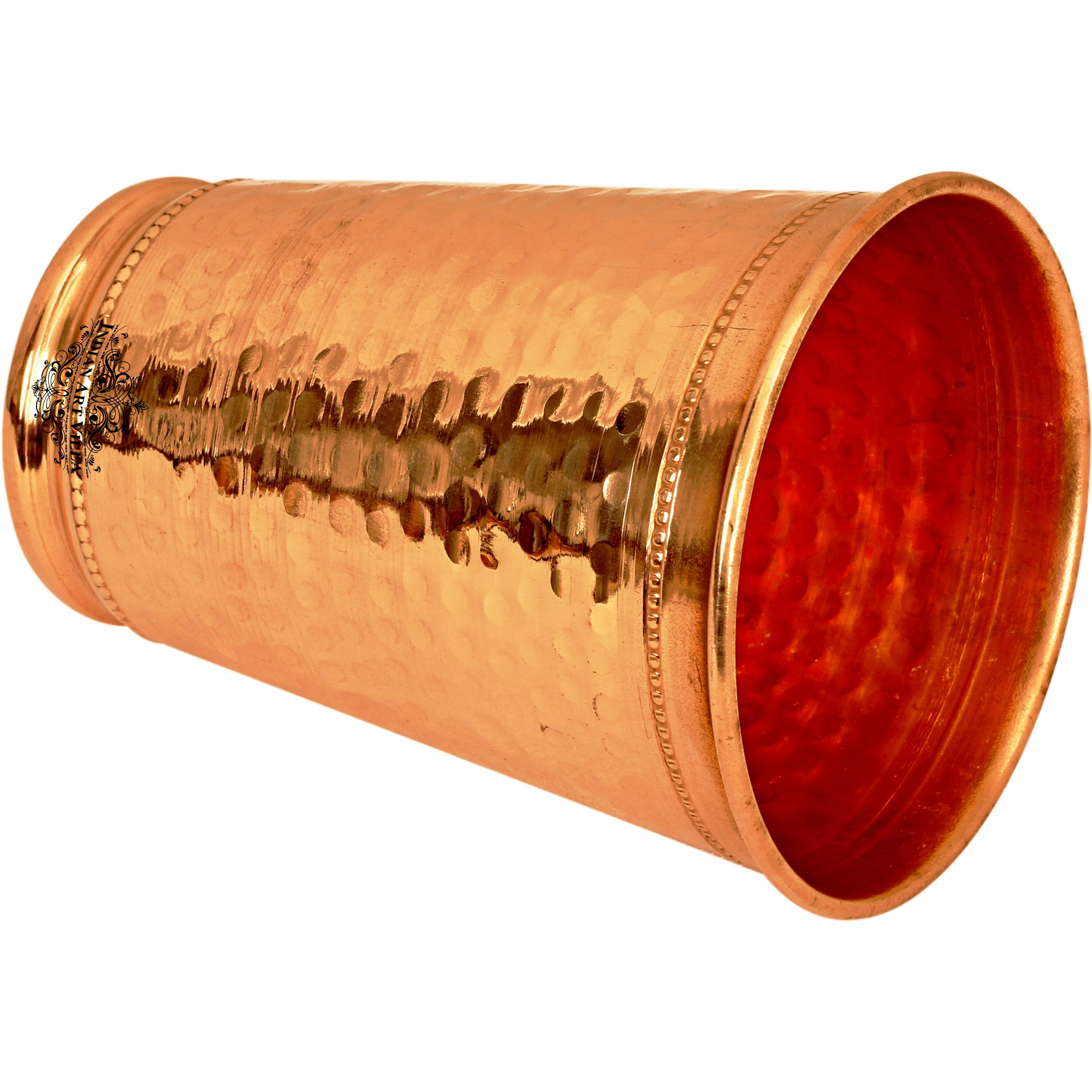 IndianArtVilla Copper Hammered Design Glass Tumbler with 2 Rings 13 Oz