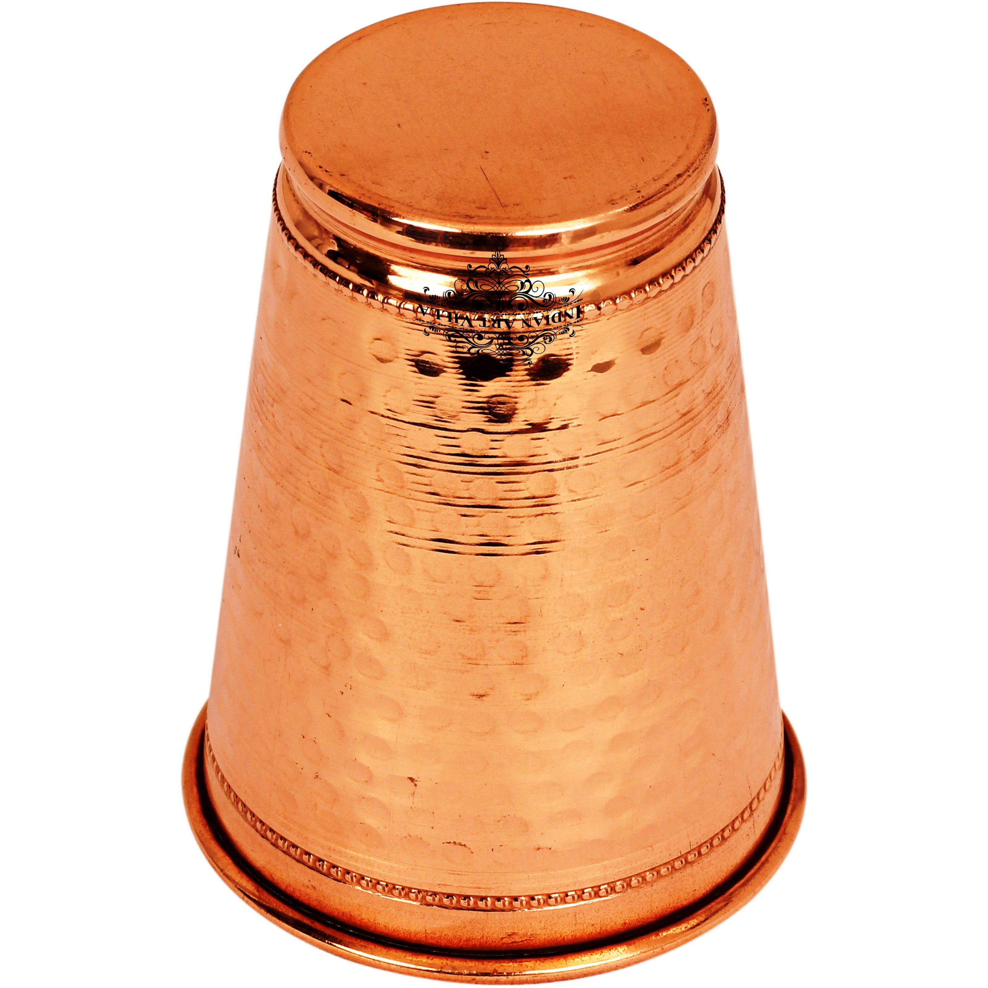 IndianArtVilla Copper Hammered Design Glass Tumbler with 2 Rings 13 Oz