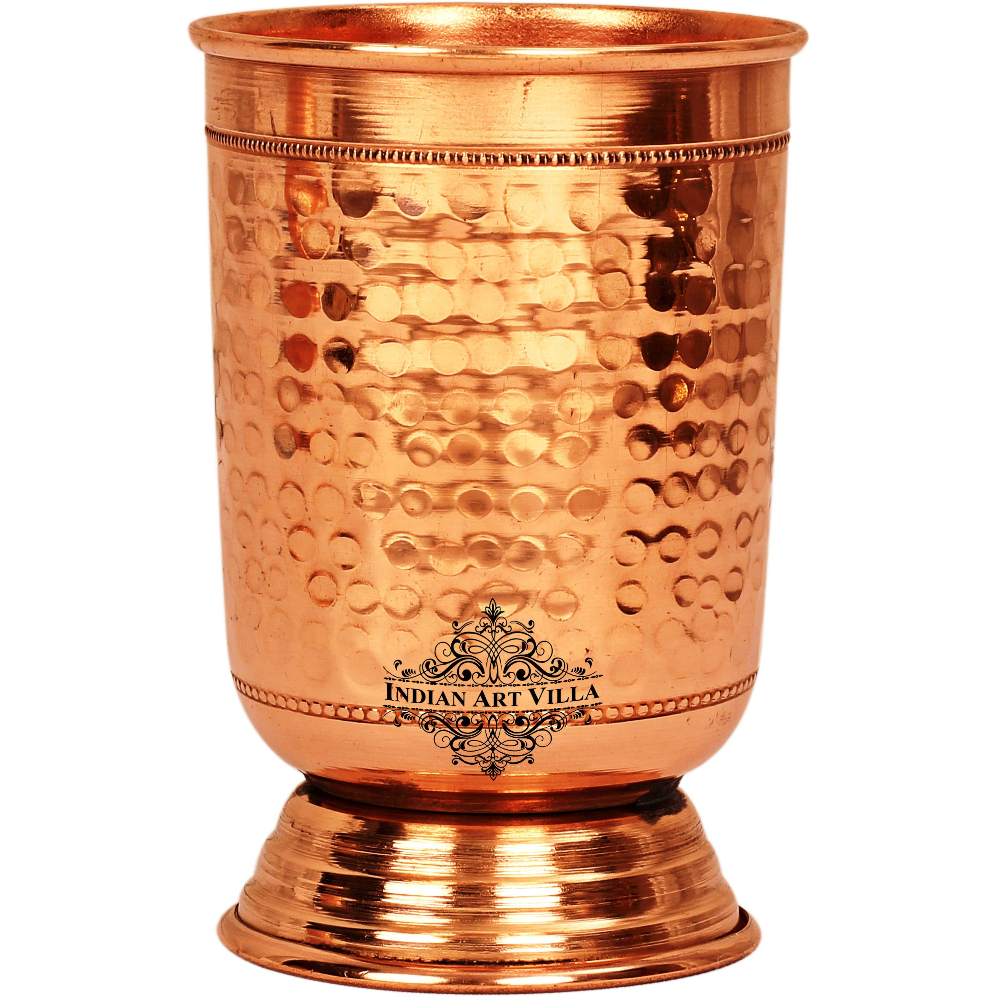 IndianArtVilla Copper Hammered Design Glass Tumbler with Bottom 13 Oz