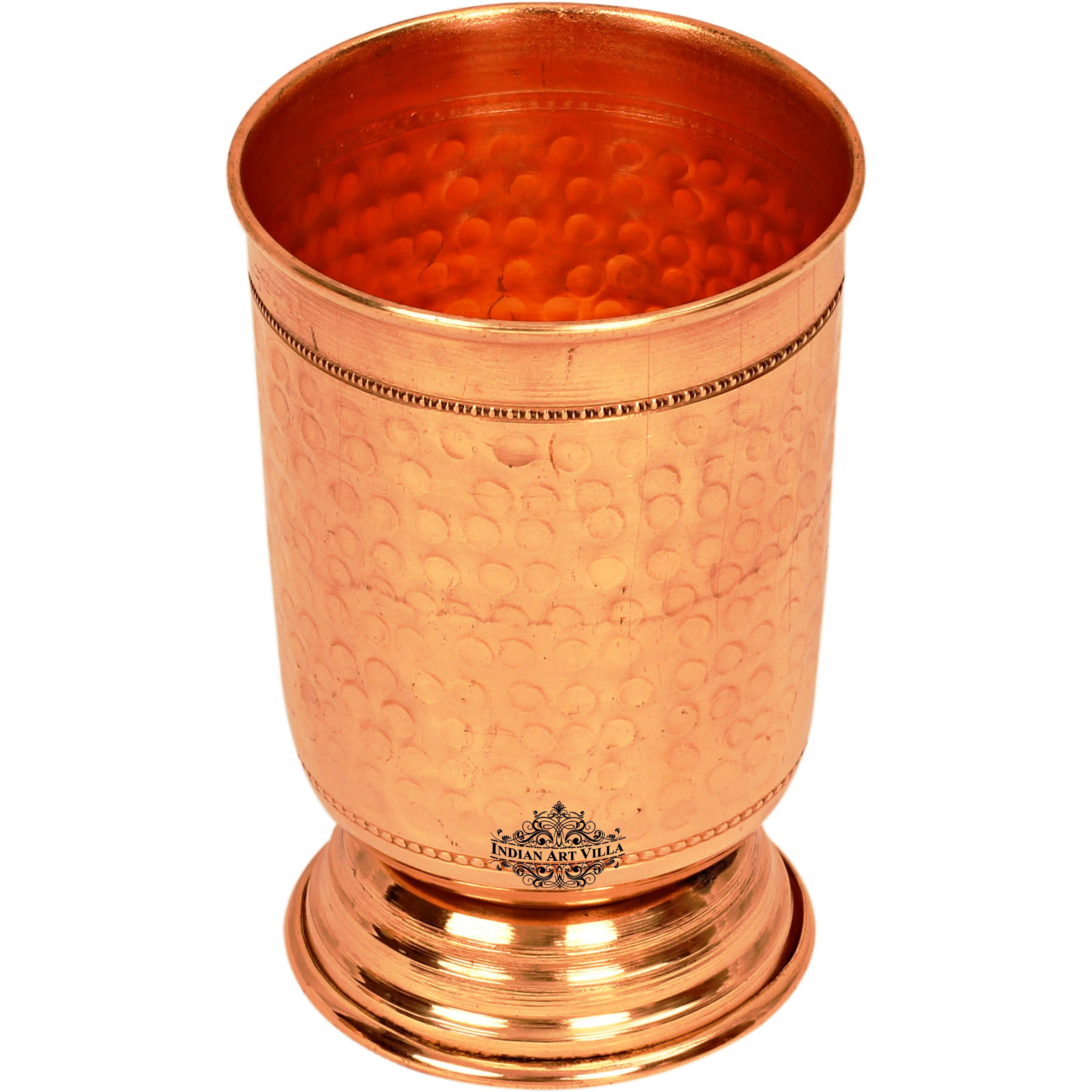 IndianArtVilla Copper Hammered Design Glass Tumbler with Bottom 13 Oz