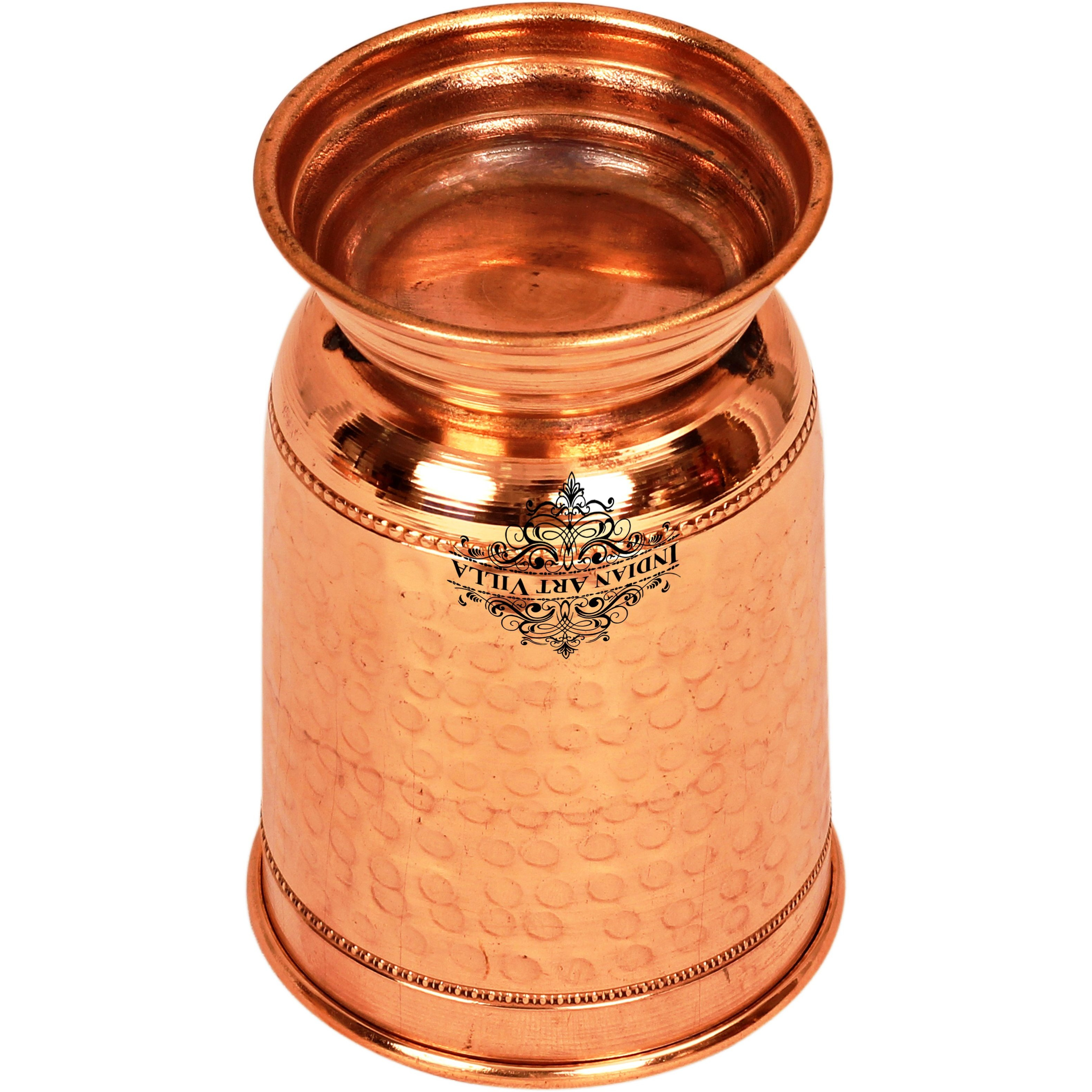 IndianArtVilla Copper Hammered Design Glass Tumbler with Bottom 13 Oz