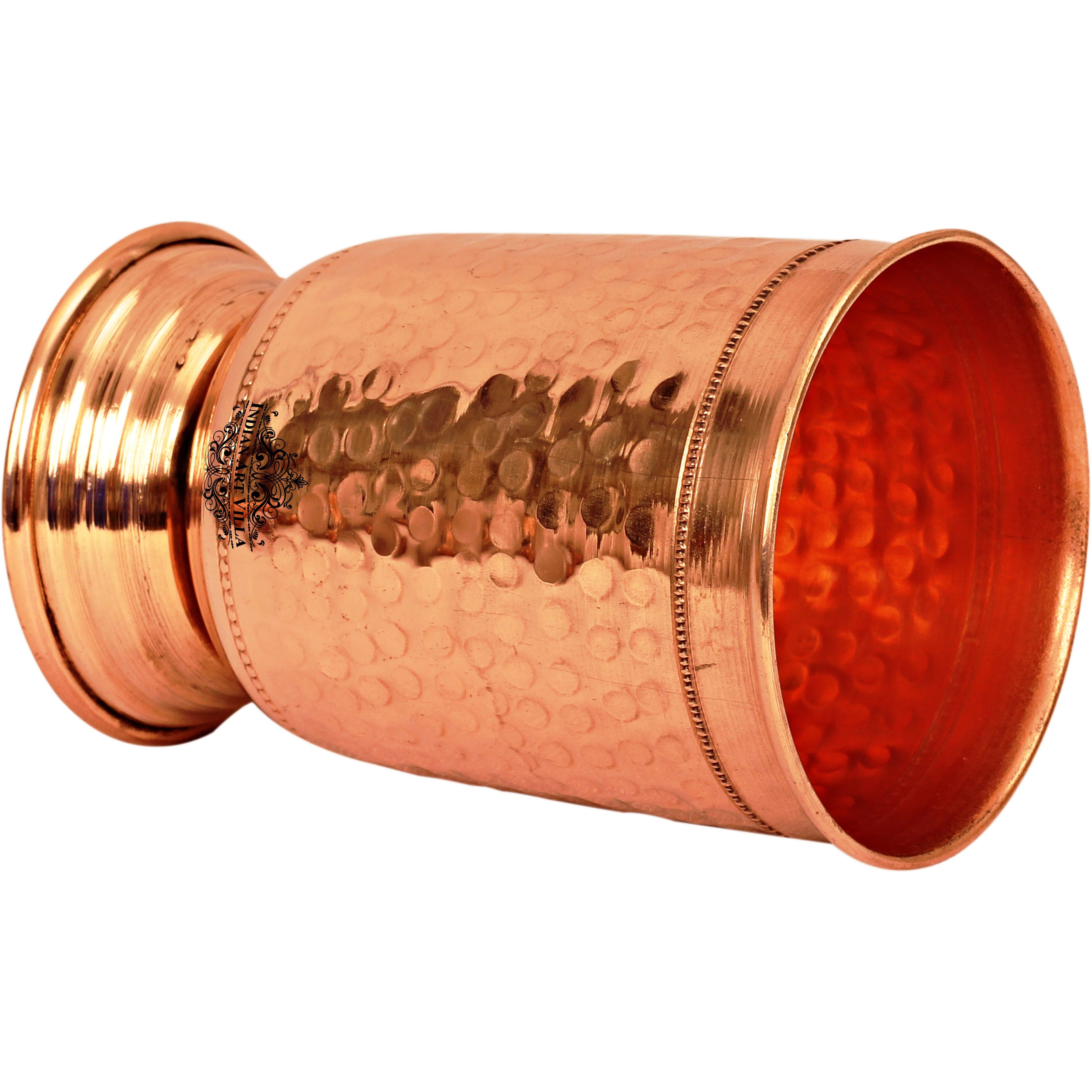 IndianArtVilla Copper Hammered Design Glass Tumbler with Bottom 13 Oz
