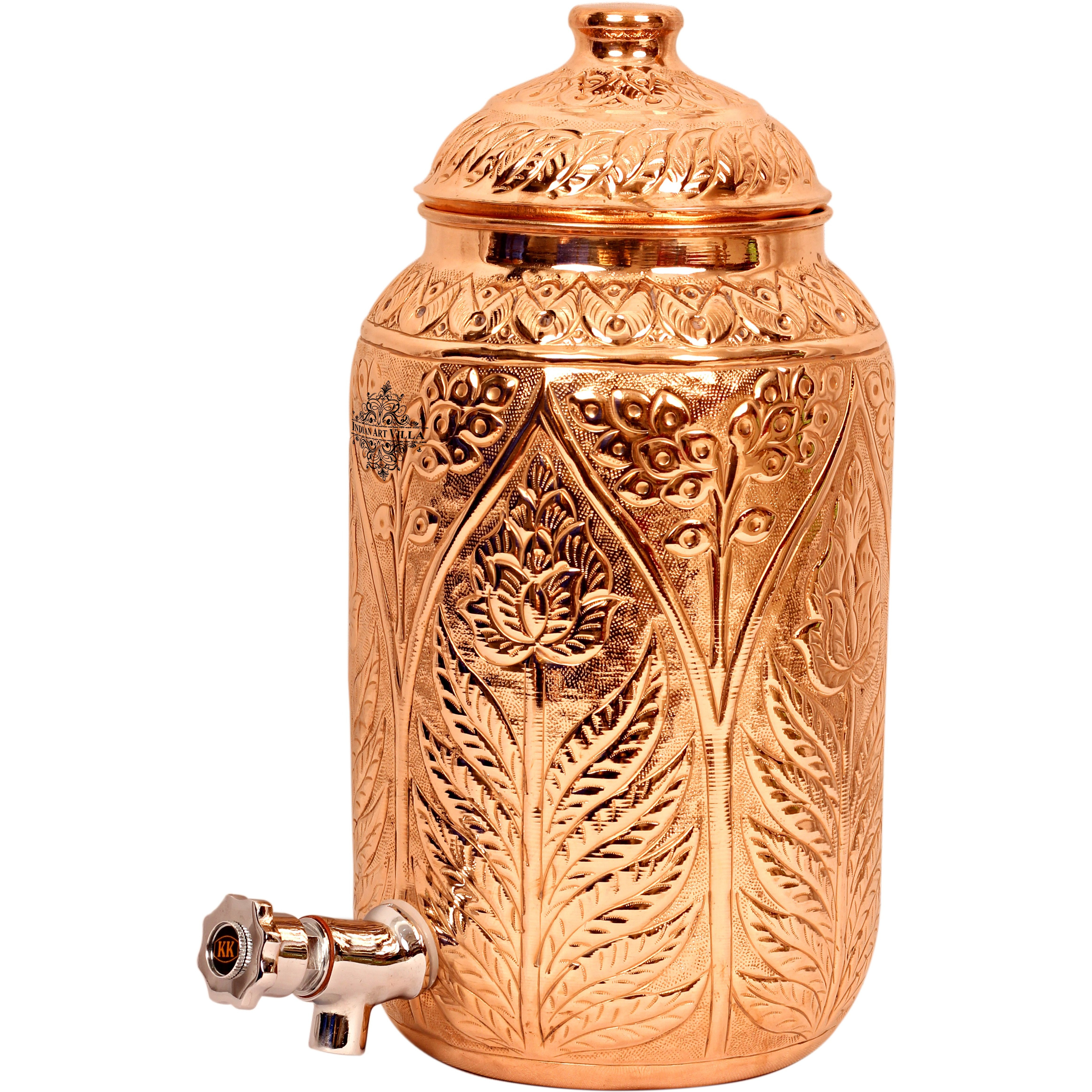 IndianArtVilla Copper Flower Design Water Pot Container Dispenser 135 Oz