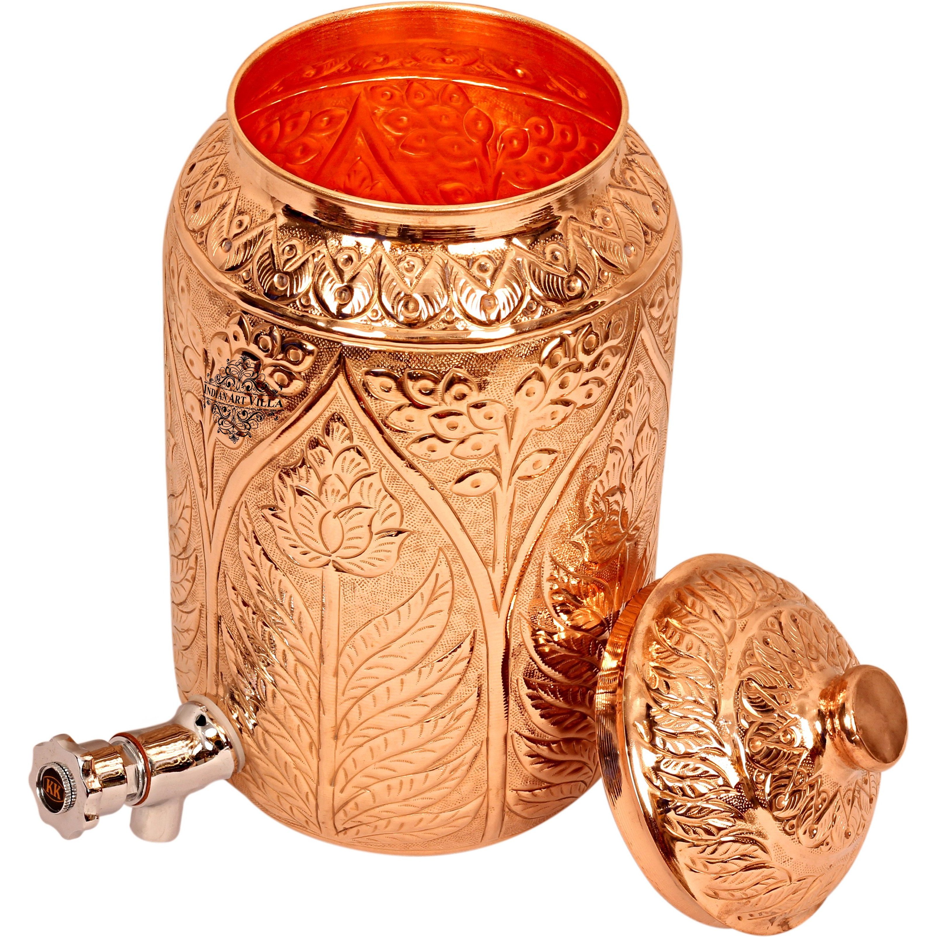 IndianArtVilla Copper Flower Design Water Pot Container Dispenser 135 Oz