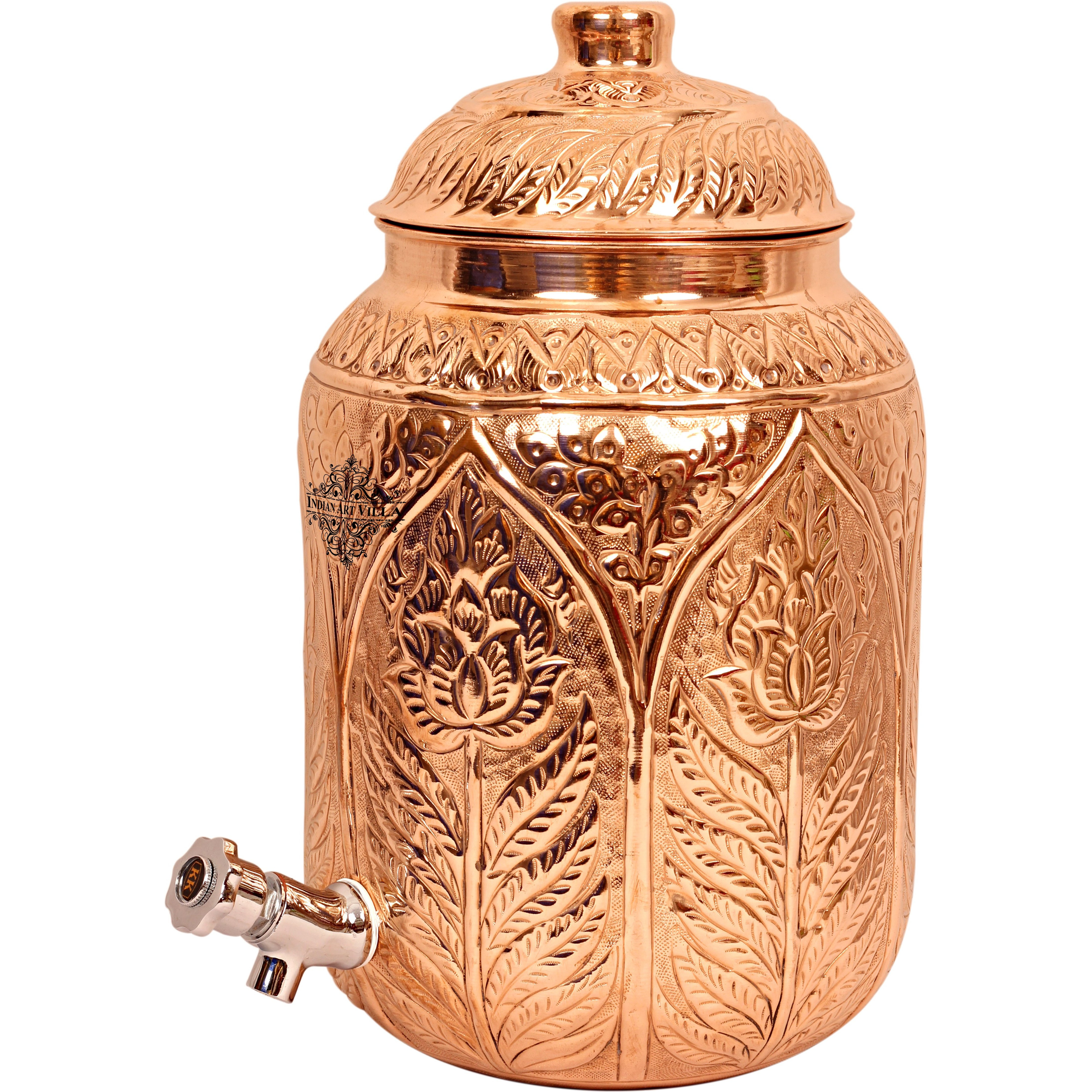 IndianArtVilla Copper Flower Design Water Pot Container Dispenser 270 Oz