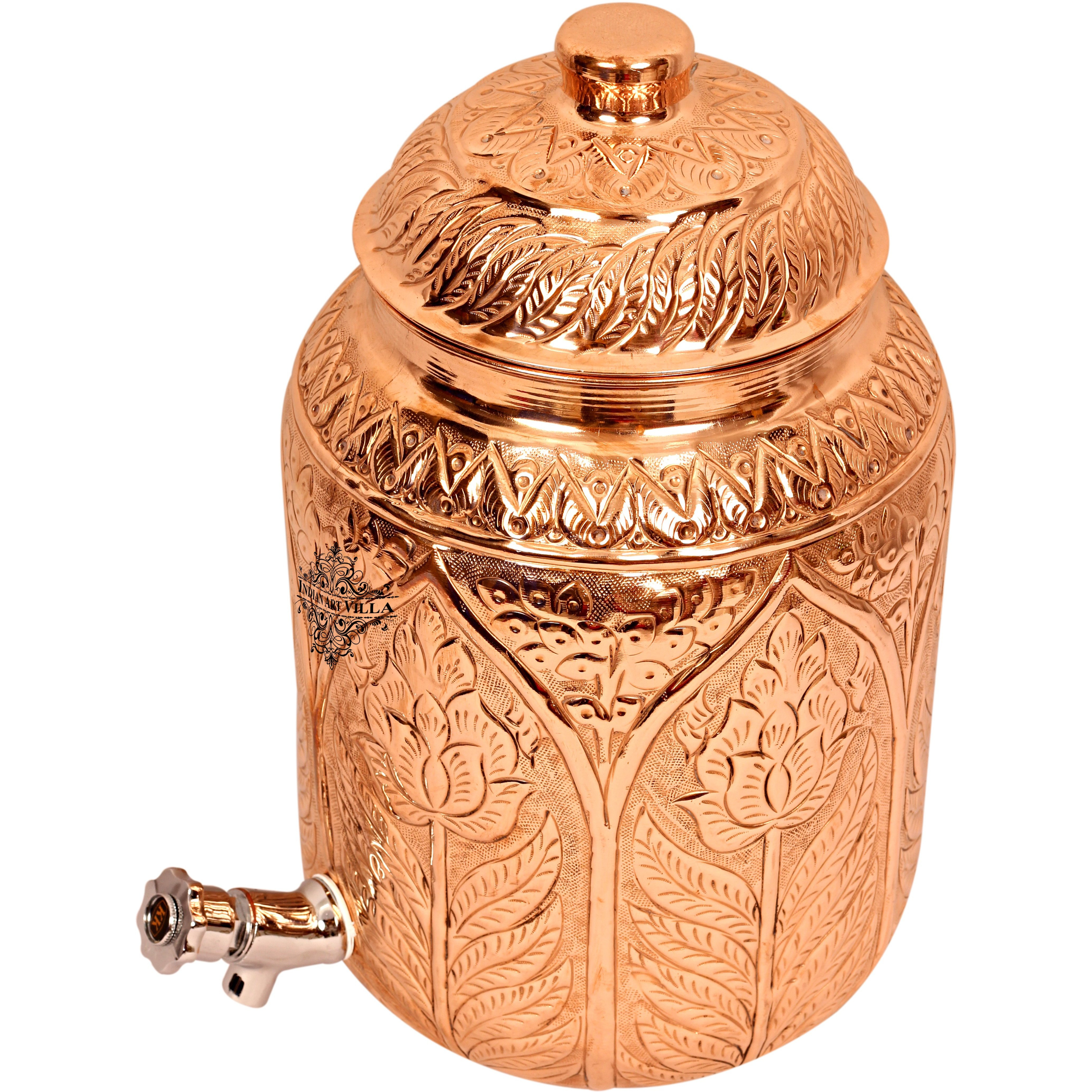 IndianArtVilla Copper Flower Design Water Pot Container Dispenser 270 Oz