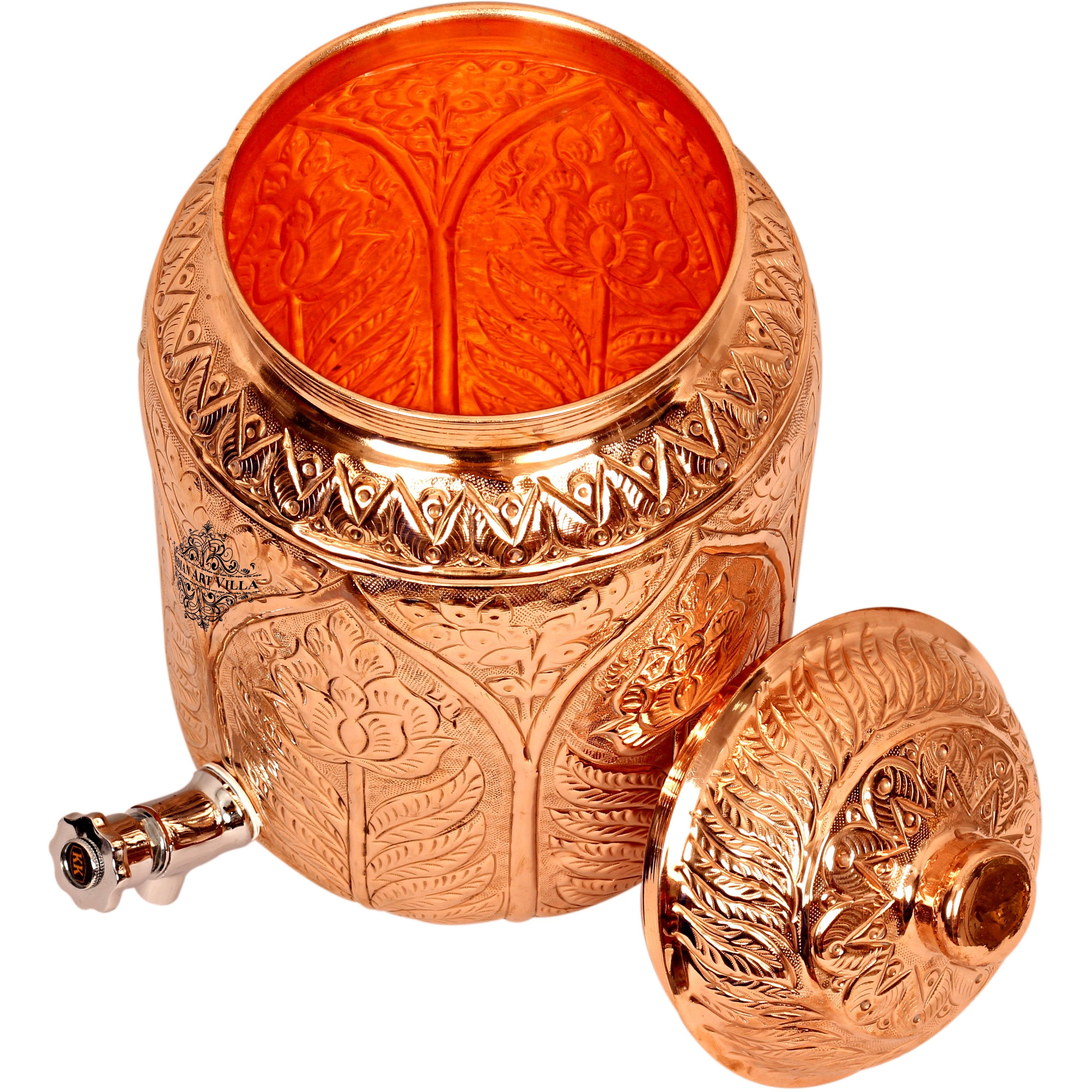 IndianArtVilla Copper Flower Design Water Pot Container Dispenser 270 Oz