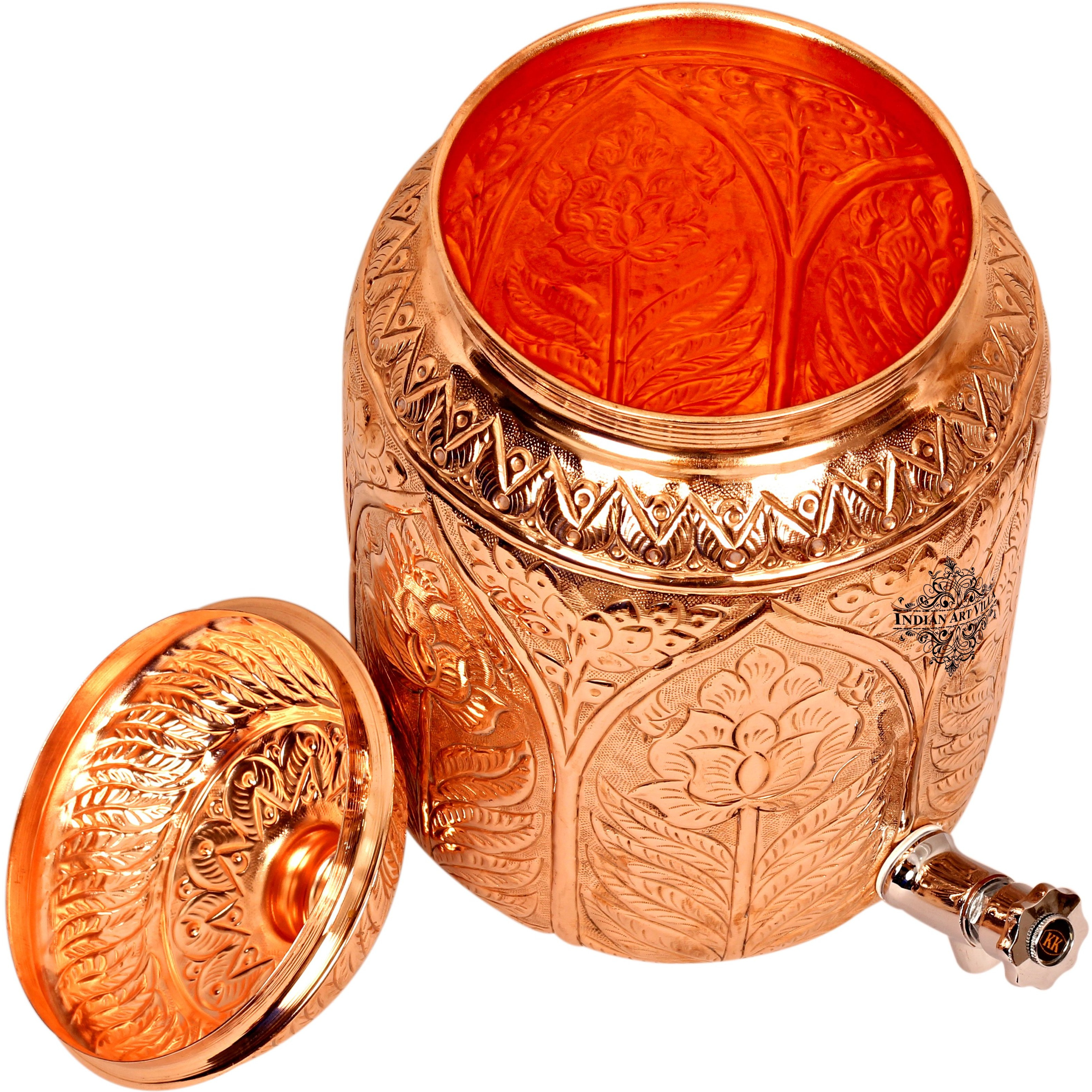 IndianArtVilla Copper Flower Design Water Pot Container Dispenser 270 Oz