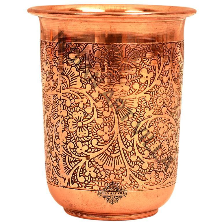IndianArtVilla Copper Embossed Design Curved Glass Tumbler Cup 7 Oz