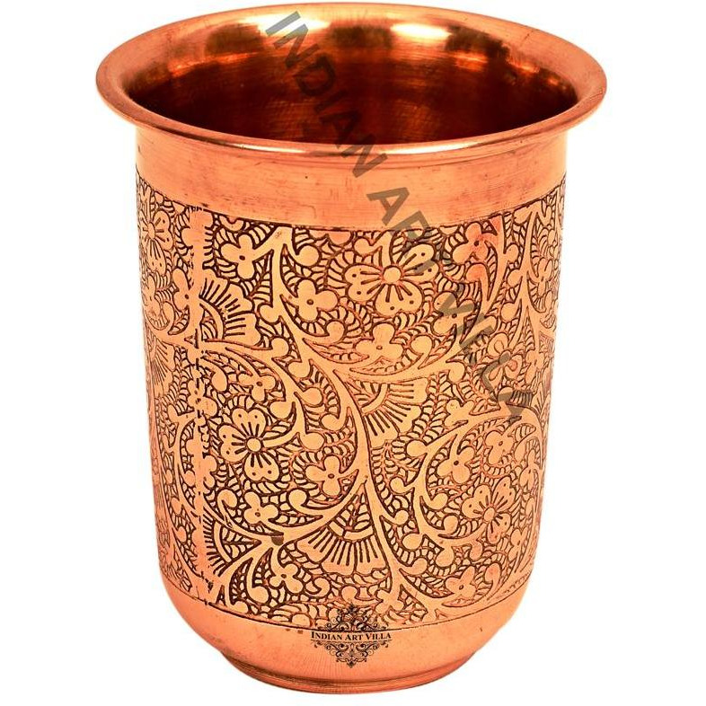 IndianArtVilla Copper Embossed Design Curved Glass Tumbler Cup 7 Oz