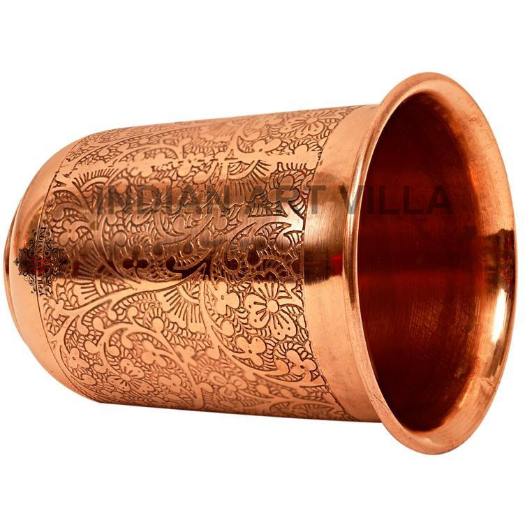 IndianArtVilla Copper Embossed Design Curved Glass Tumbler Cup 7 Oz