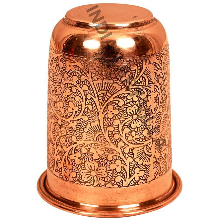 IndianArtVilla Copper Embossed Design Curved Glass Tumbler Cup 7 Oz