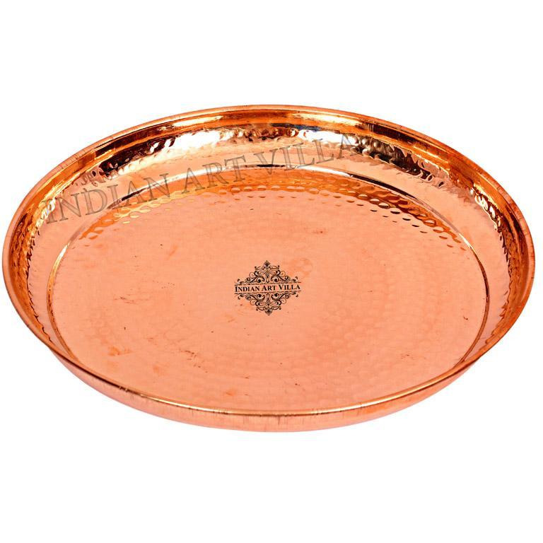 IndianArtVilla Hammered Design Copper Dinner Plate Thali|Diameter 11