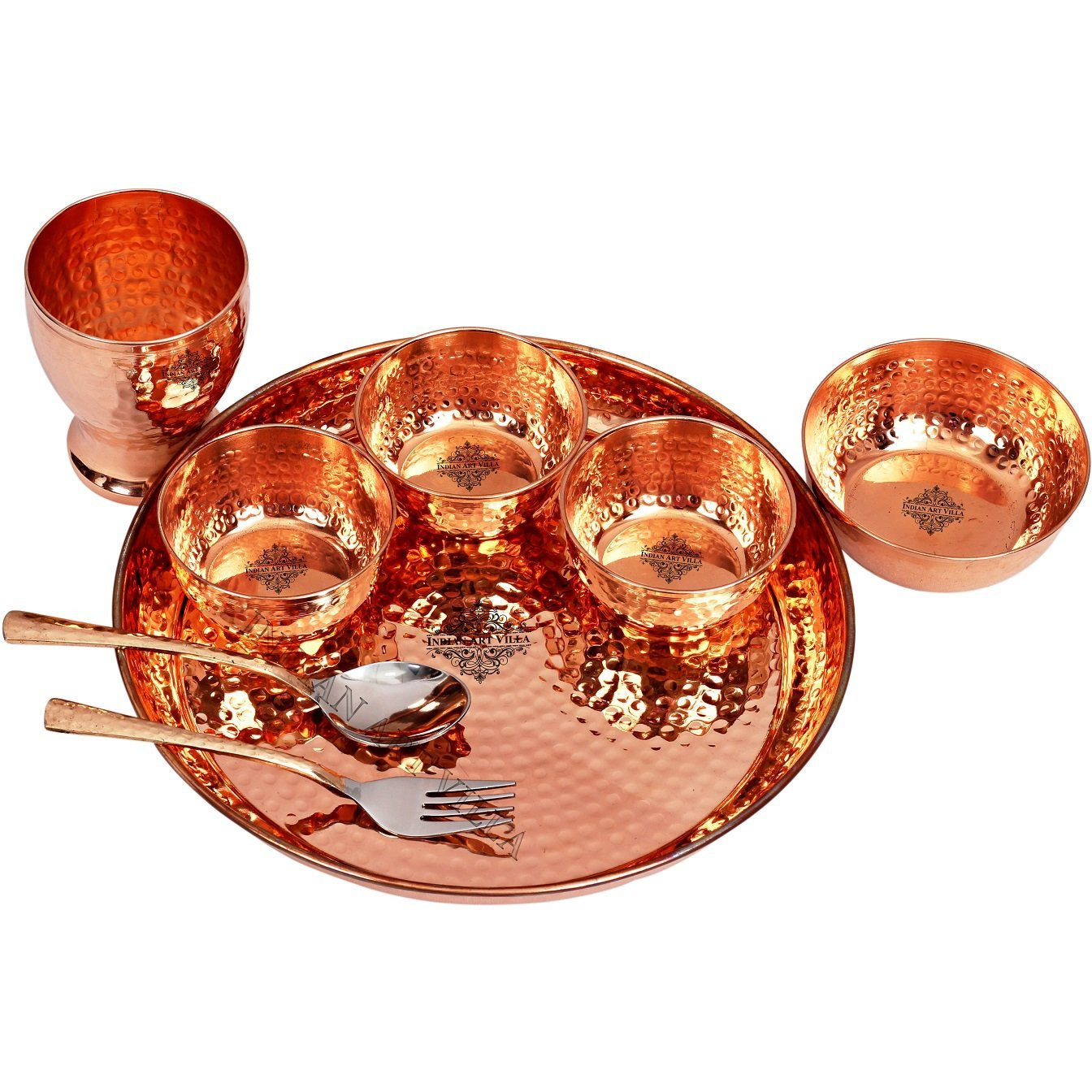 IndianArtVilla Hammered Design Copper Thali Dinner Set 8 Pieces