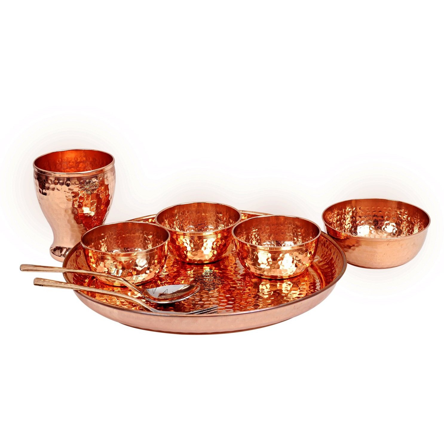 IndianArtVilla Hammered Design Copper Thali Dinner Set 8 Pieces