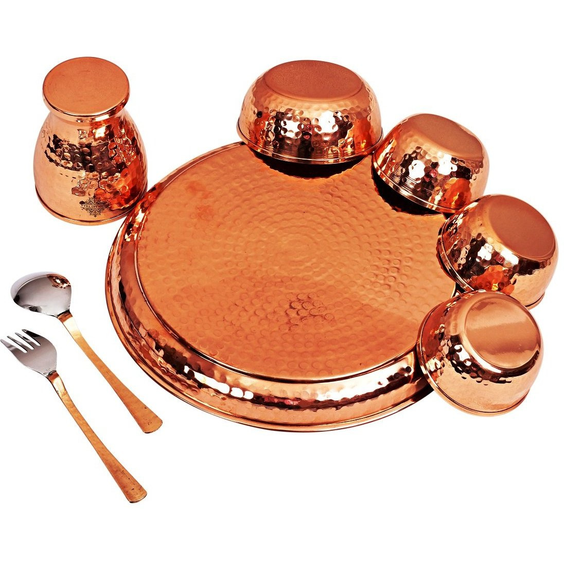 IndianArtVilla Hammered Design Copper Thali Dinner Set 8 Pieces