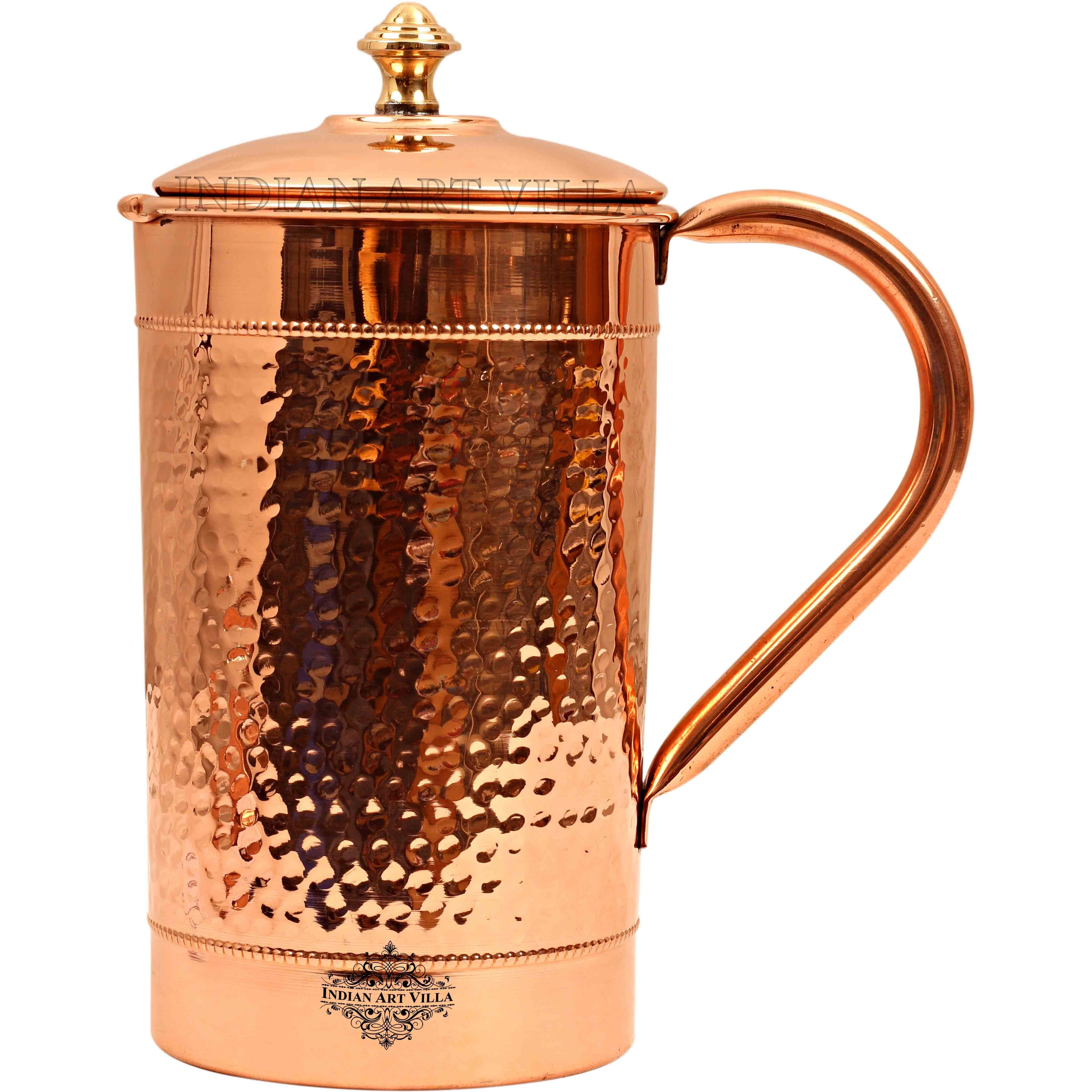 IndianArtVilla Copper Hammered Design Jug Pitcher with Brass knob 54 Oz