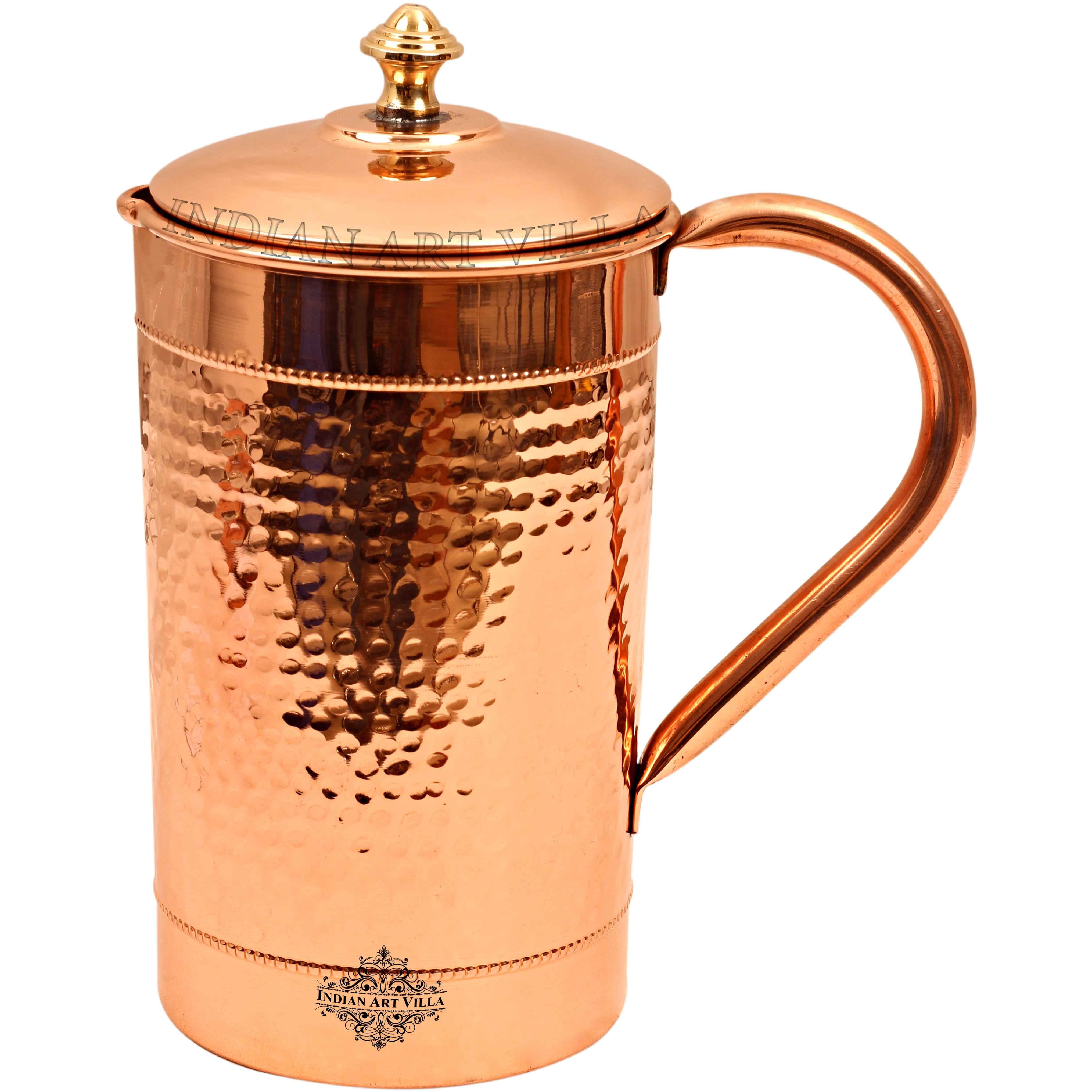 IndianArtVilla Copper Hammered Design Jug Pitcher with Brass knob 54 Oz