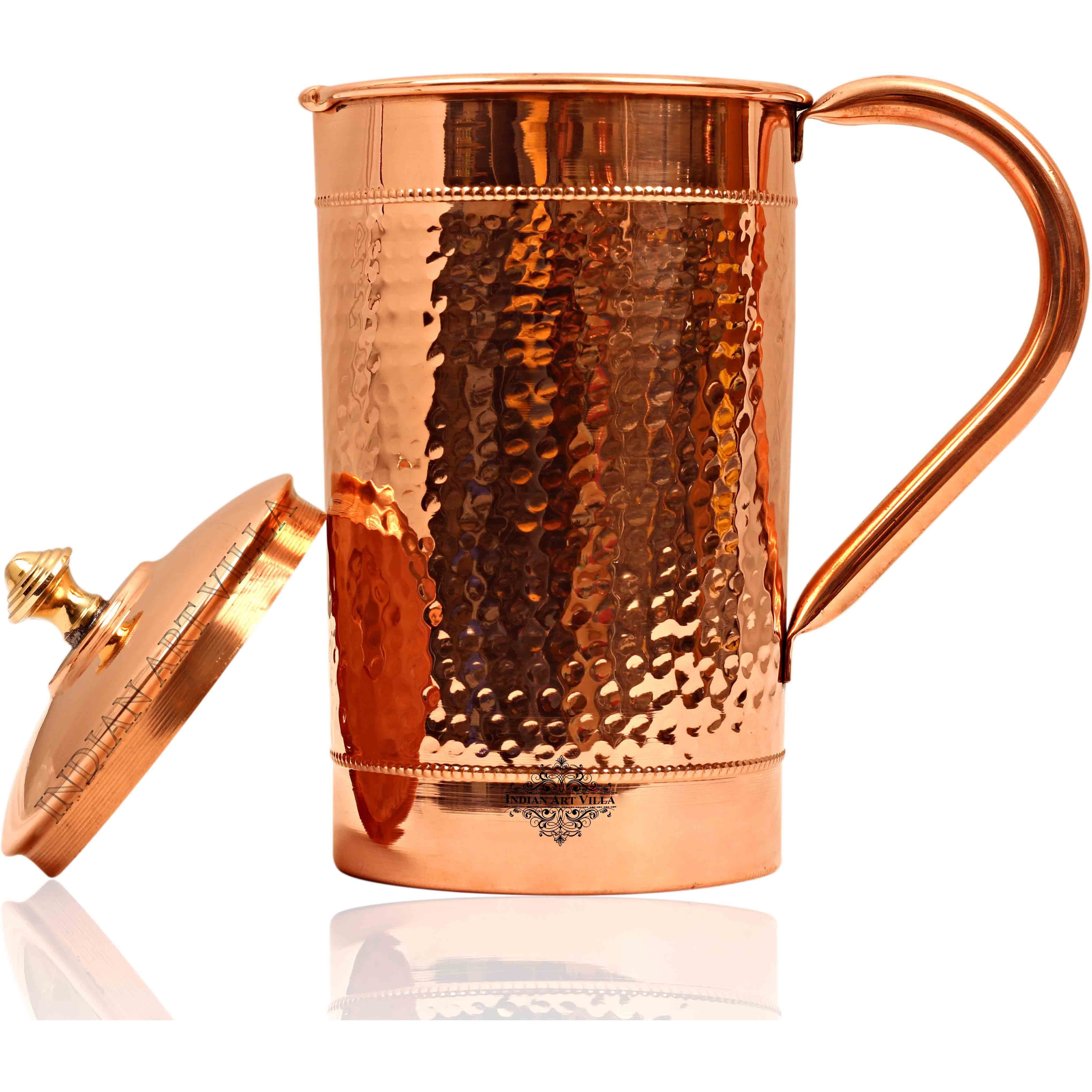 IndianArtVilla Copper Hammered Design Jug Pitcher with Brass knob 54 Oz