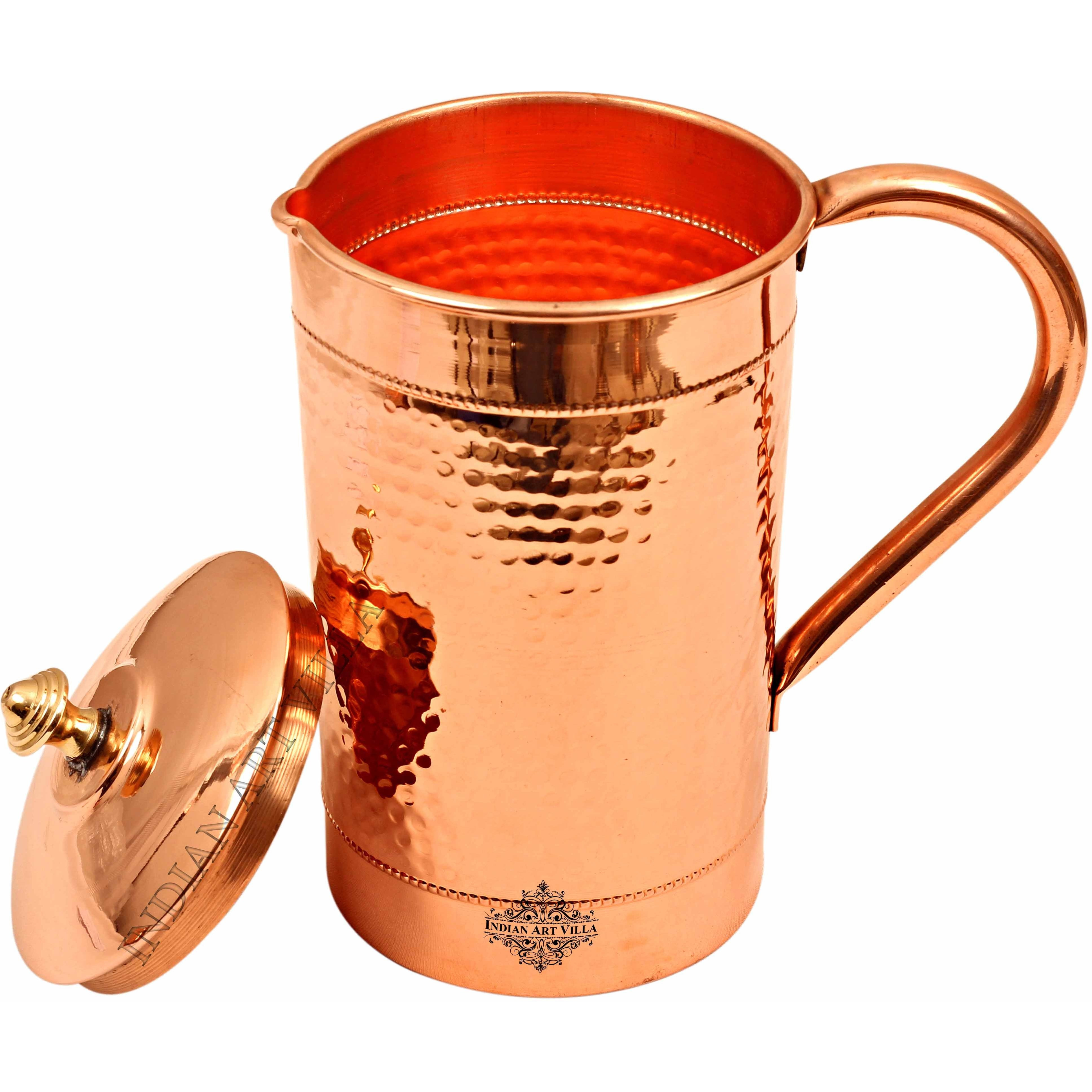 IndianArtVilla Copper Hammered Design Jug Pitcher with Brass knob 54 Oz