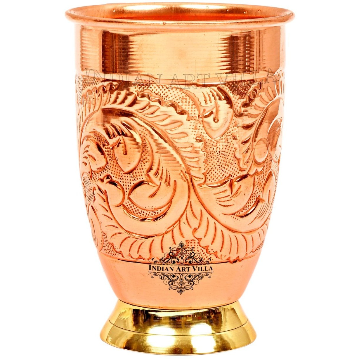 IndianArtVilla Copper Embossed Design Glass Tumbler With Brass Bottom 15 Oz