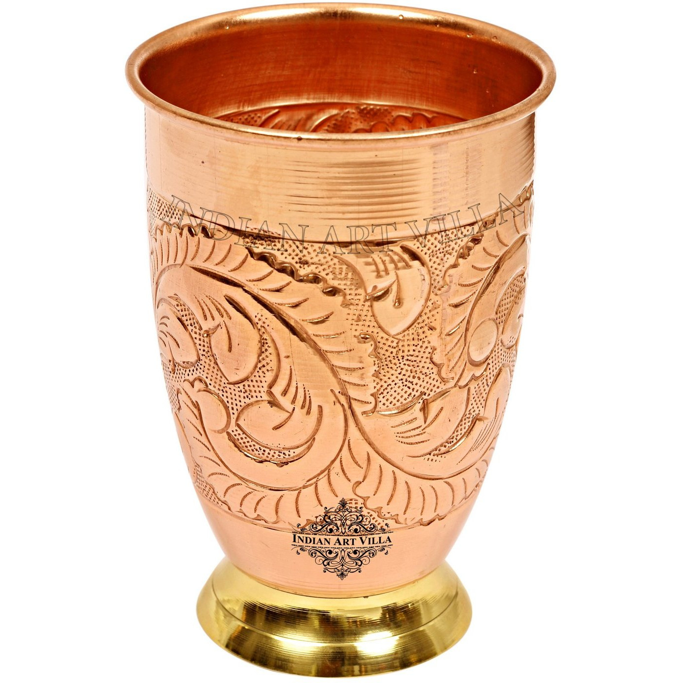 IndianArtVilla Copper Embossed Design Glass Tumbler With Brass Bottom 15 Oz