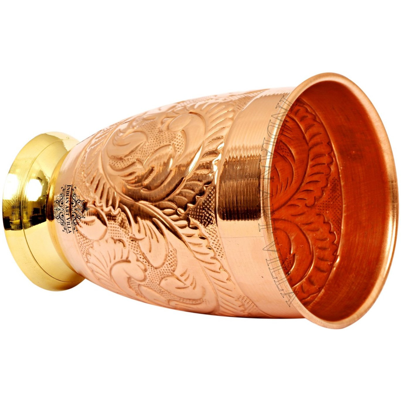 IndianArtVilla Copper Embossed Design Glass Tumbler With Brass Bottom 15 Oz