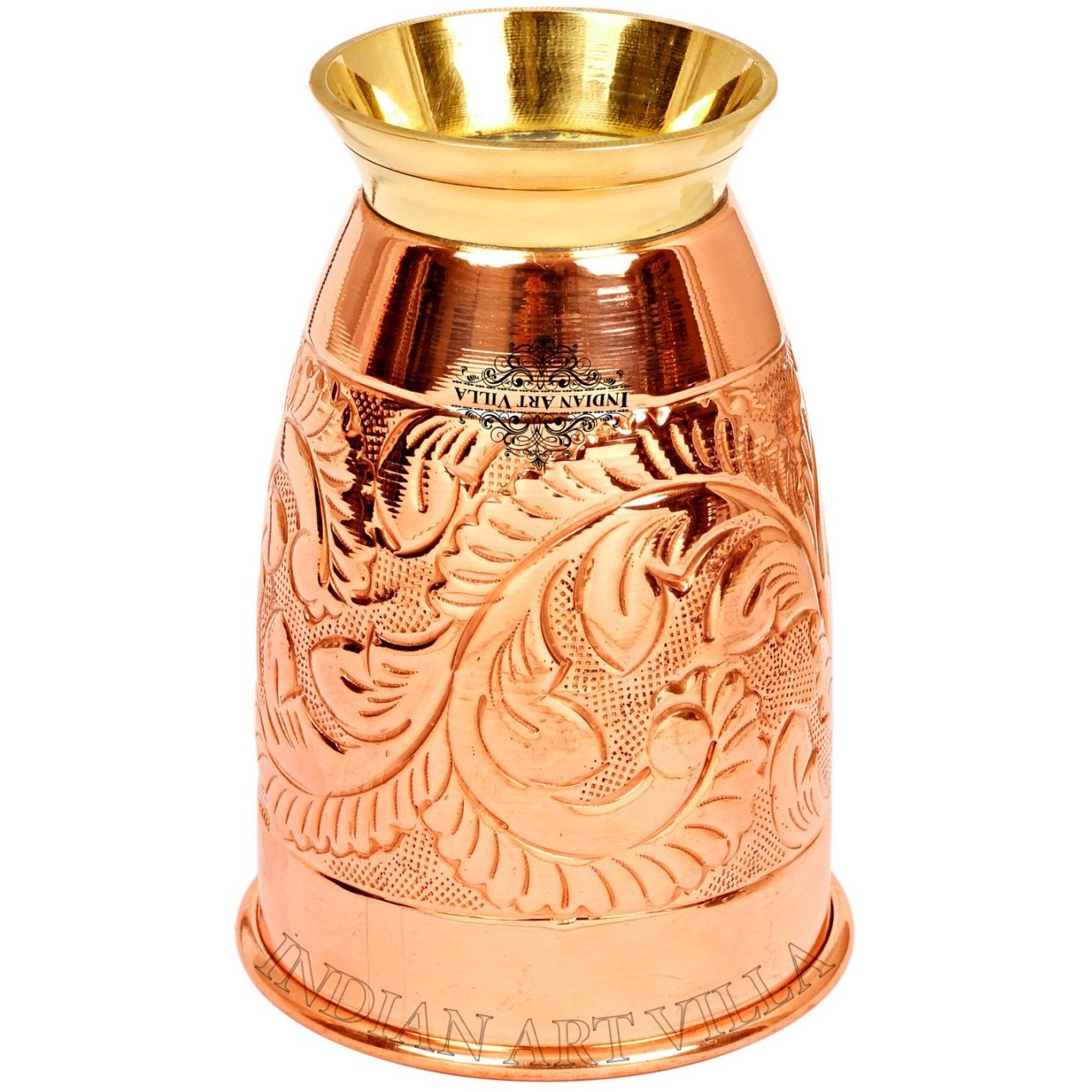 IndianArtVilla Copper Embossed Design Glass Tumbler With Brass Bottom 15 Oz